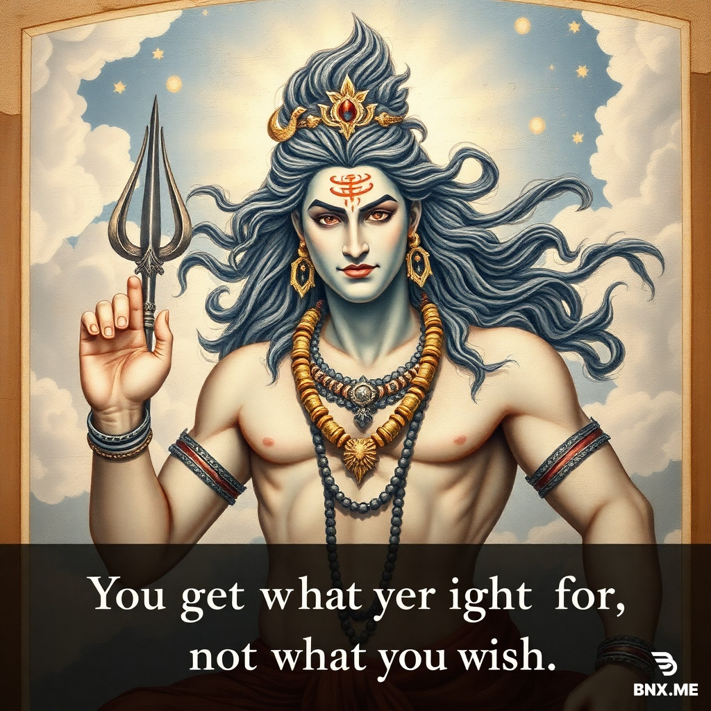 Fierce Lord Shiva depicted in a Renaissance-style fresco painting, powerful sculptural anatomy, intense divine expression, flowing hair and sacred ornaments, celestial background with soft clouds and divine light, dramatic chiaroscuro, pastel color palette of soft blues, violets, ash tones, and warm creams. The quote “You get what you fight for, not what you wish” subtly integrated in elegant classical lettering, fine art, high detail, spiritual intensity.