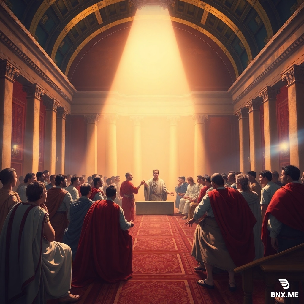 Renaissance-style illustration of a Roman Senate meeting
