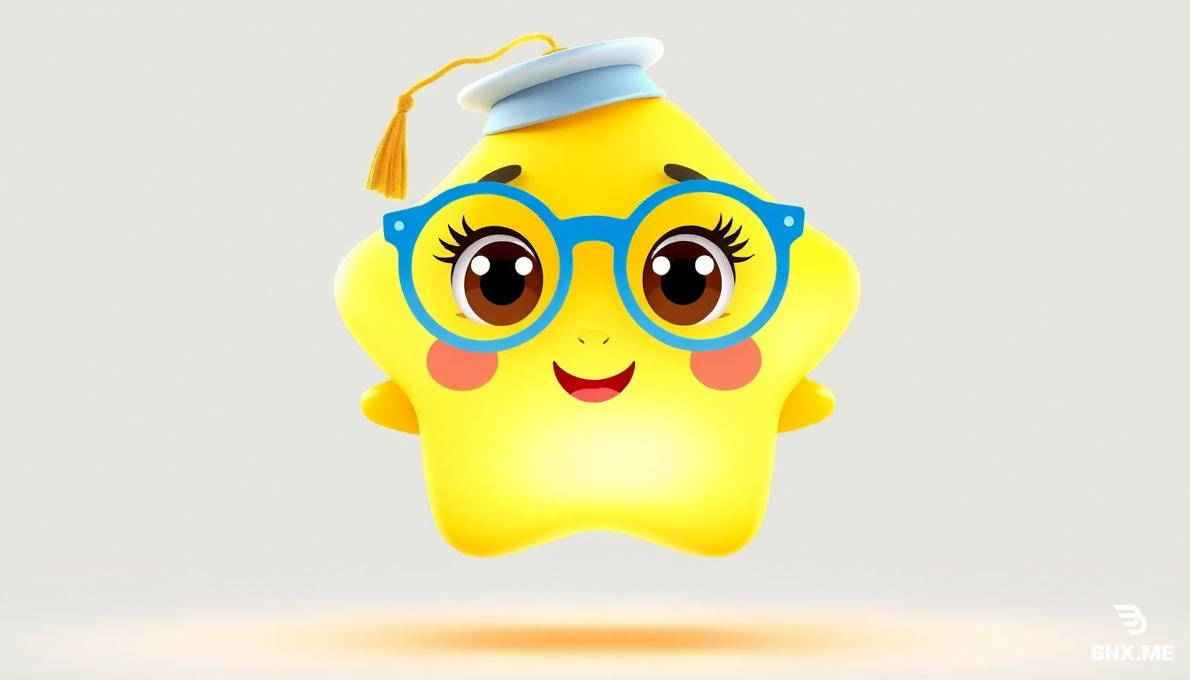 "3D animated character, cute golden yellow star with soft white gradient glow, name Lumi. Features: oversized round baby-blue glasses slightly crooked, tiny tilted graduation cap with dangling gold tassel, big round brown eyes with long eyelashes and shiny catchlights, rosy pink cheeks that glow, small heart-shaped smile, short chubby arms with rounded fingers, stubby legs with tiny toes. Character floats with gentle bounce, playful wiggle when excited, curious wide-eyed expression. Pixar/Illumination style, soft volumetric rim lighting, vibrant preschool colors, glossy textures, high detail, 8k resolution, bright cheerful expression, white isolated background with soft drop shadow for PNG transparency, front-facing 3/4 view."