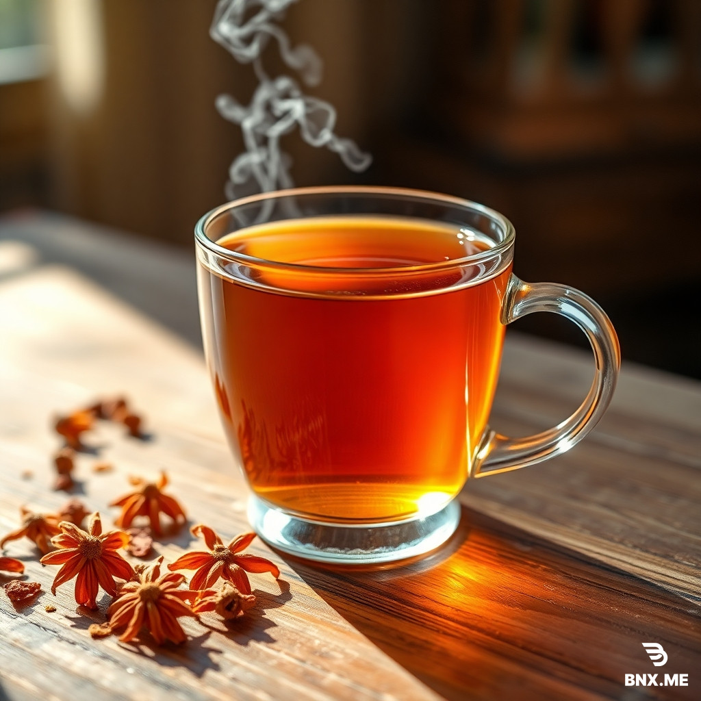 "A photorealistic close-up shot of a steaming glass cup of amber-colored herbal tea, with a few dried orange blossoms (bahar narang) scattered on a wooden table, soft natural light, warm and cozy atmosphere, ultra-detailed"