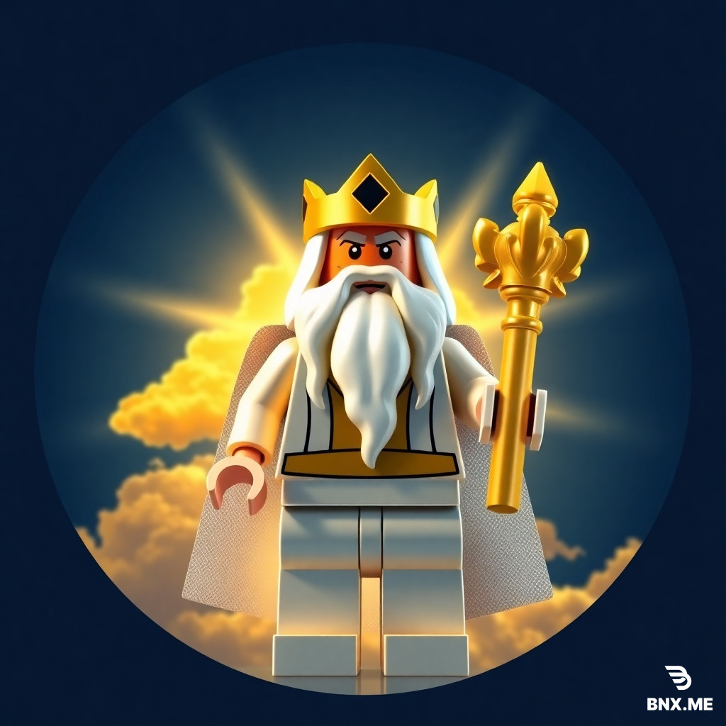 A circular icon for a Lego YouTube channel, square format 1:1. A powerful Lego god figure with a golden crown and a long white beard, holding a glowing magical staff made of Lego bricks. The god is wearing white and gold robes. Behind him is a bright sky with golden clouds and rays of light coming from his body. The background is a dark blue sky. The god is looking forward with a wise and powerful expression. Lego stop-motion style. Epic, majestic, and clean composition. Bright golden and blue colors, 4k quality.