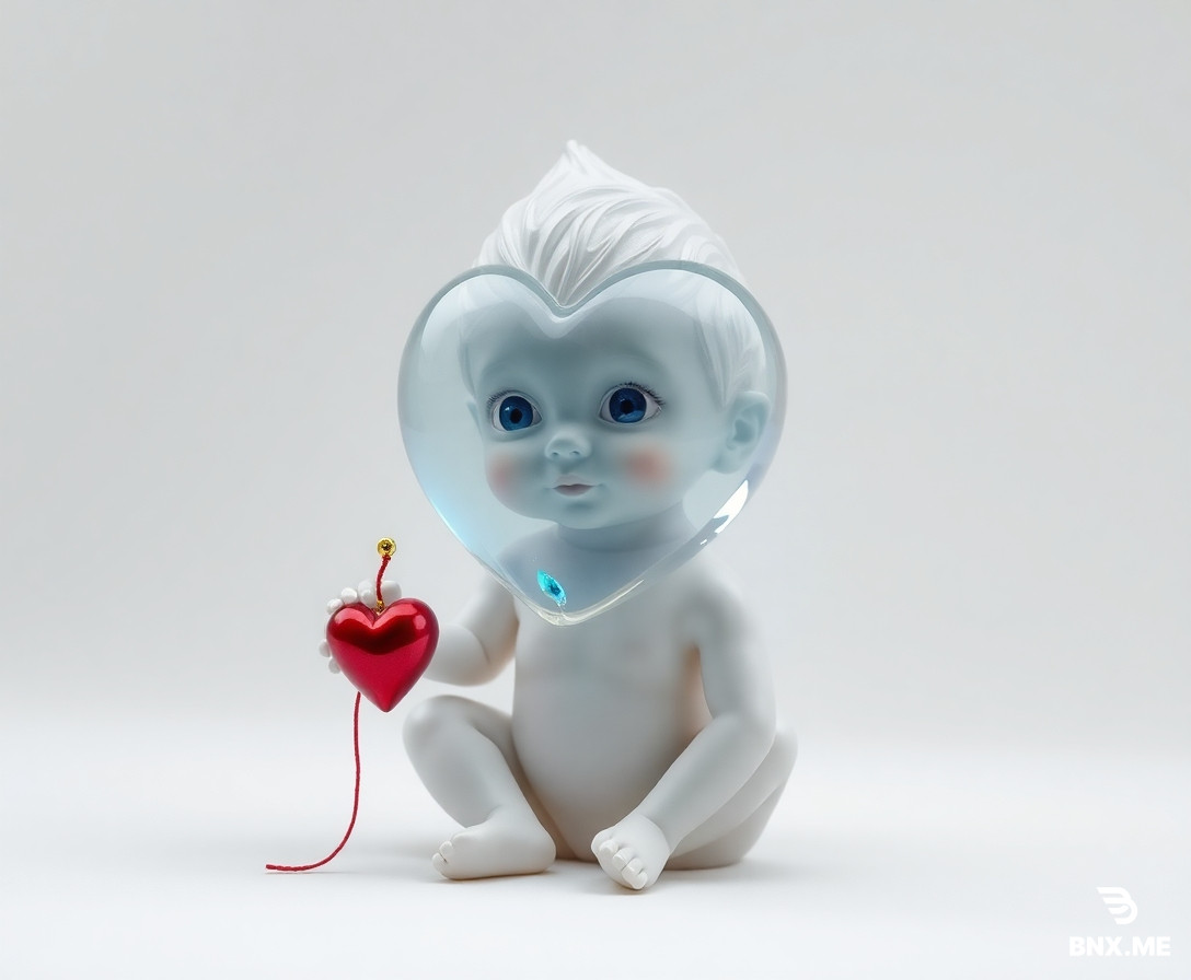 Niño pequeño, fantasmagórico, blanco inmaculado sobre lienzo blanco limpio no se ve ninguna marca de lapicero. Sostiene un globo cristal trasparente muy grande con forma de corazón. Sus ojos son de un azul profundo cristal o marrón oscuro, vivos, que miran más allá del lienzo. Lleva un juguete roto, descosido, con un leve destello de color (rojo o amarillo). Su postura es encogida, como si esperara algo que nunca llega. Sutileza extrema, silencio magnético, ternura rota