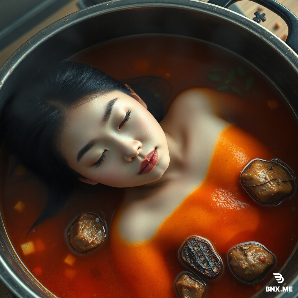 A beautiful high school Eastern Asian maiden lying in a big soup pot,whose body cut into roasted pieses,eyes closed,as real as photo,full of reality