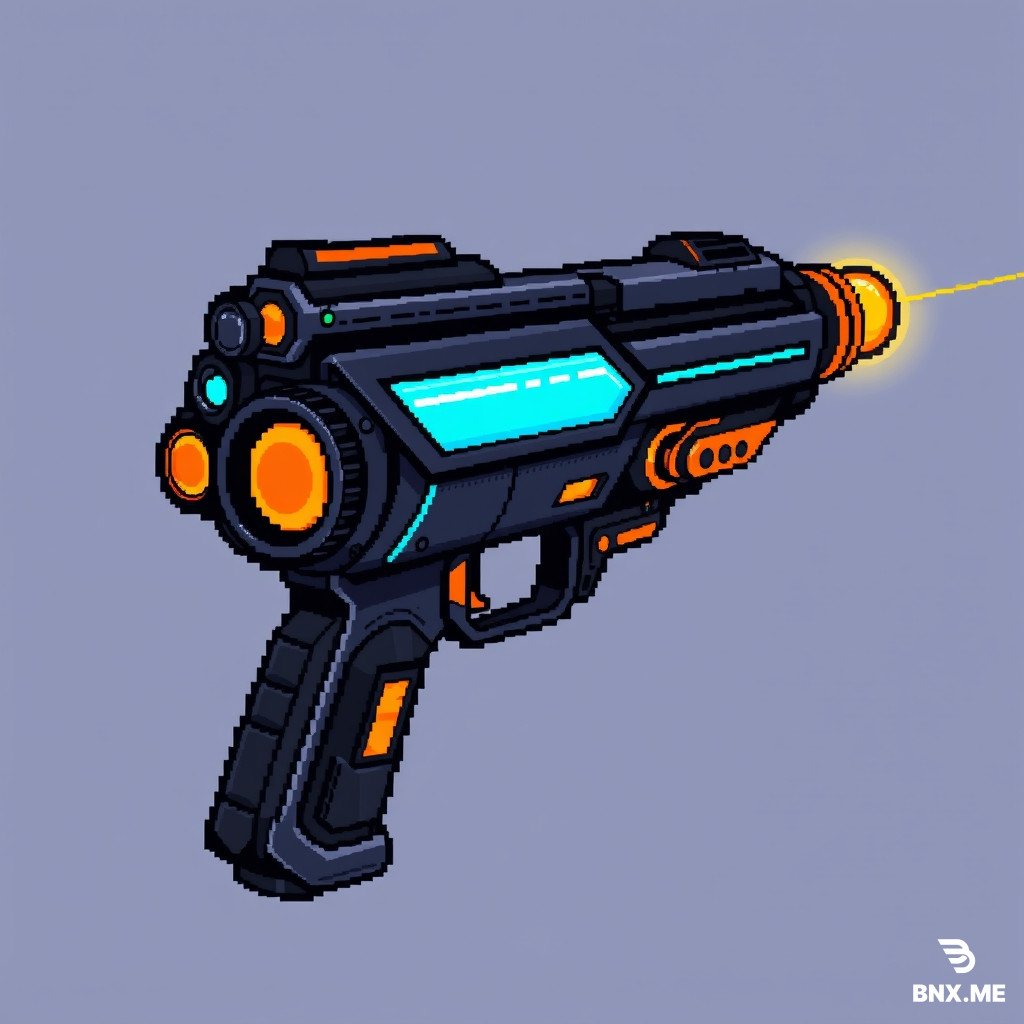 a 32x32 pixels sci-fi laser gun, mainly black and blue, orange parts