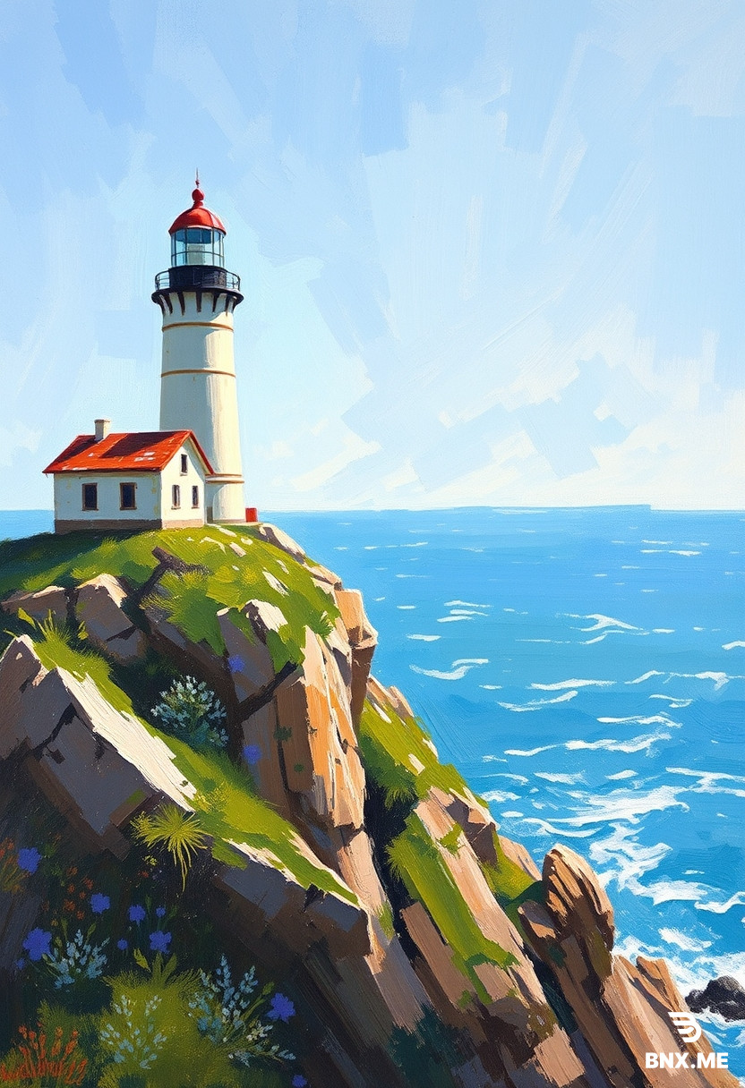 An old lighthouse on a high cliff by the ocean, oil painting style, thick brushstrokes, impressionism