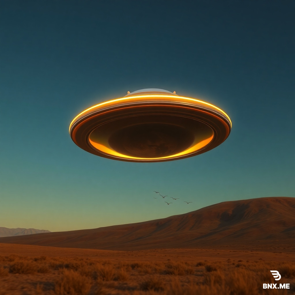 Add into the sky of this landscape: a metallic flying saucer with a glowing edge (low-angle perspective, underside visible), a full moon with craters on the surface and a soft silvery glow (size proportionate to perspective), and a distant flock of birds — small silhouettes flying in a V-formation, lit consistently with the scene. All three objects must be lit consistently with the overall scene lighting (e.g., warm sunlight from the side). Photorealistic, seamless integration, 4K, natural lighting.