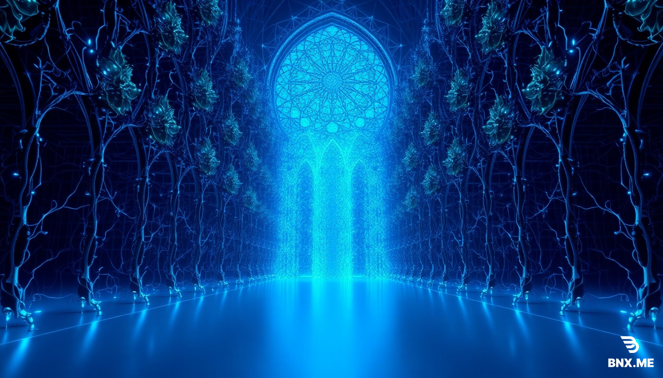 A massive, bioluminescent neural network architecture resembling a gothic cathedral made of synaptic glass. Dark, shadowy creatures labeled "Reification" and "Ontological Noise" cling to the upper layers, trying to solidify into fake substances. Neon-blue gradients (the Ontological Gradient) flow backward from the output layer down to the input, "cleaning" the architecture — where the gradient touches, the shadows dissolve into pure light and the glass becomes transparent. At the bottom: a minimalist white plane with single binary events (0/1) pulsing like heartbeats. Style: H.R. Giger meets James Turrell, neon noir, subsurface scattering, mathematical beauty, 8k unreal engine 5, mystical yet technical atmosphere.