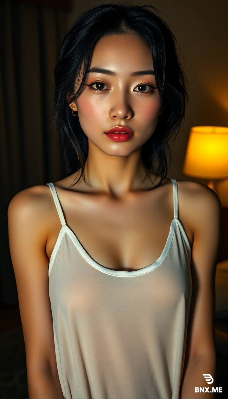 Ultra-high-definition 8K photorealistic style, young East Asian woman, slim figure, narrow shoulders, natural C-cup curves, teardrop-shaped breasts, clearly defined deep collarbones. Wet hair slightly messy, sticking to shoulders, back, and cheeks. Fair, delicate skin with a natural dewy glow and fine beads of sweat reflecting highlights, slightly flushed face, lazy and seductive expression, lips slightly parted, eyes half-closed looking directly at the camera. Wearing a loose white cotton sheer camisole, straps naturally slipping off the shoulders onto arms, neckline open to reveal refined collarbones and the gentle contours of the upper body, no inner layer, thin fabric clinging to skin with slight wet marks. Background is a dim hotel bedroom, soft warm yellow side light, strong contrast between light and shadow, film grain noise, cinematic composition, low-angle shot, 9:16 ratio. Overall atmosphere private and relaxed, realistic skin texture, pore details, natural light and shadow, true-to-life body proportions, artistic nude photography style.