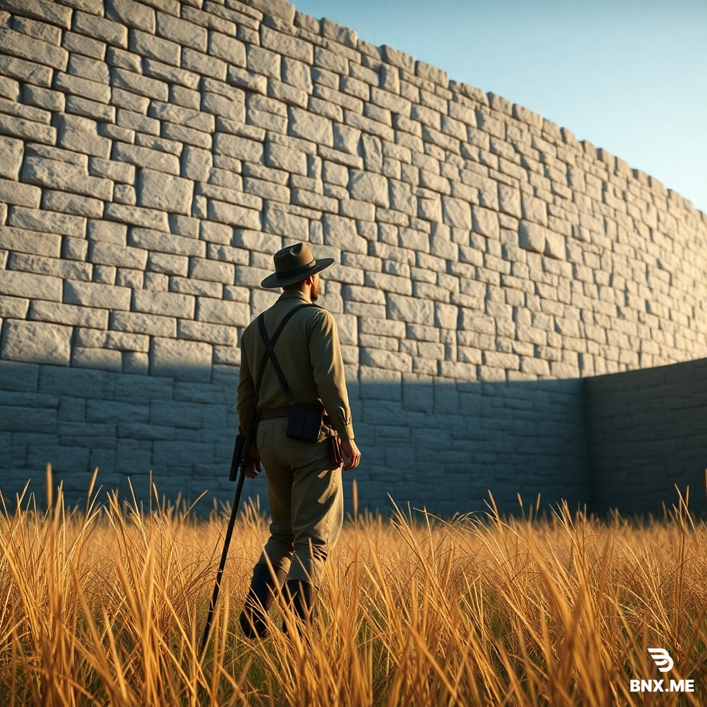 A cinematic, wide-angle 3D-rendered shot. A 19th-century Victorian explorer in tattered khaki gear stands frozen in high, sun-bleached grass. He is looking up in awe at the massive, curved granite walls of the Great Enclosure. The stone blocks are perfectly dry-laid, fitting seamlessly. Dramatic lighting, long shadows, photorealistic, hyper-detailed textures, 8k resolution, historical thriller aesthetic.