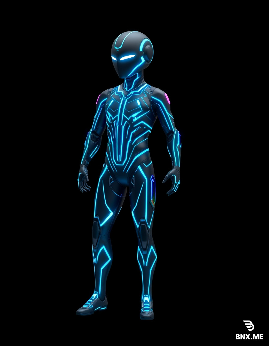 Style: TRON Legacy-inspired, cyberpunk, digital circuitry, low-poly stylized, emissive neon lines, sharp geometric shapes, black base material with glowing cyan and purple energy accents, no organic shapes, no photorealism, clean topology, game-ready asset, T-pose or neutral pose, isolated on pure black background, transparent PNG for 2D, PBR-friendly for 3D. 3D game character, humanoid avatar inside a digital processor, sleek athletic silhouette, dark metallic black body covered with glowing cyan neon circuit lines, smooth spherical head with no facial features, faint white glow where eyes would be, subtle purple energy trail behind, TRON Legacy style, low-poly, 1200 triangles, T-pose, isolated, transparent background, game-ready, PBR. [Universal 3D suffix]