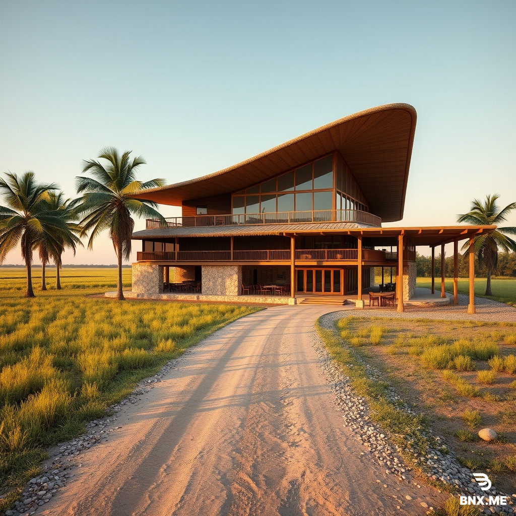 Architectural photography of a two-story rural restaurant in Camagüey, Cuba, surrounded by flat endless countryside and green grass. A long dirt path lined with tall royal palms on both sides leads toward the building on the right. The restaurant features a dramatic hyperbolic paraboloid roof, saddle shape with two corners high and two corners low, floating above the entire structure, supported by thick natural stone pilotis that do not touch the building volume, creating a deep shaded porch around it. Ground floor: solid rectangular base in natural stone, wood and guano thatch lattice. Second floor: lightweight wooden box with large glass windows overlooking the countryside, dining tables and a long bar visible inside. Beside the building, a wooden pergola with a barbecue grill area and rustic outdoor tables. Loose gravel parking with grass, scattered stones and tropical shrubs. Warm late afternoon golden hour light, long shadows, wide angle lens, professional architectural render, photorealistic, ultra detailed, 8k