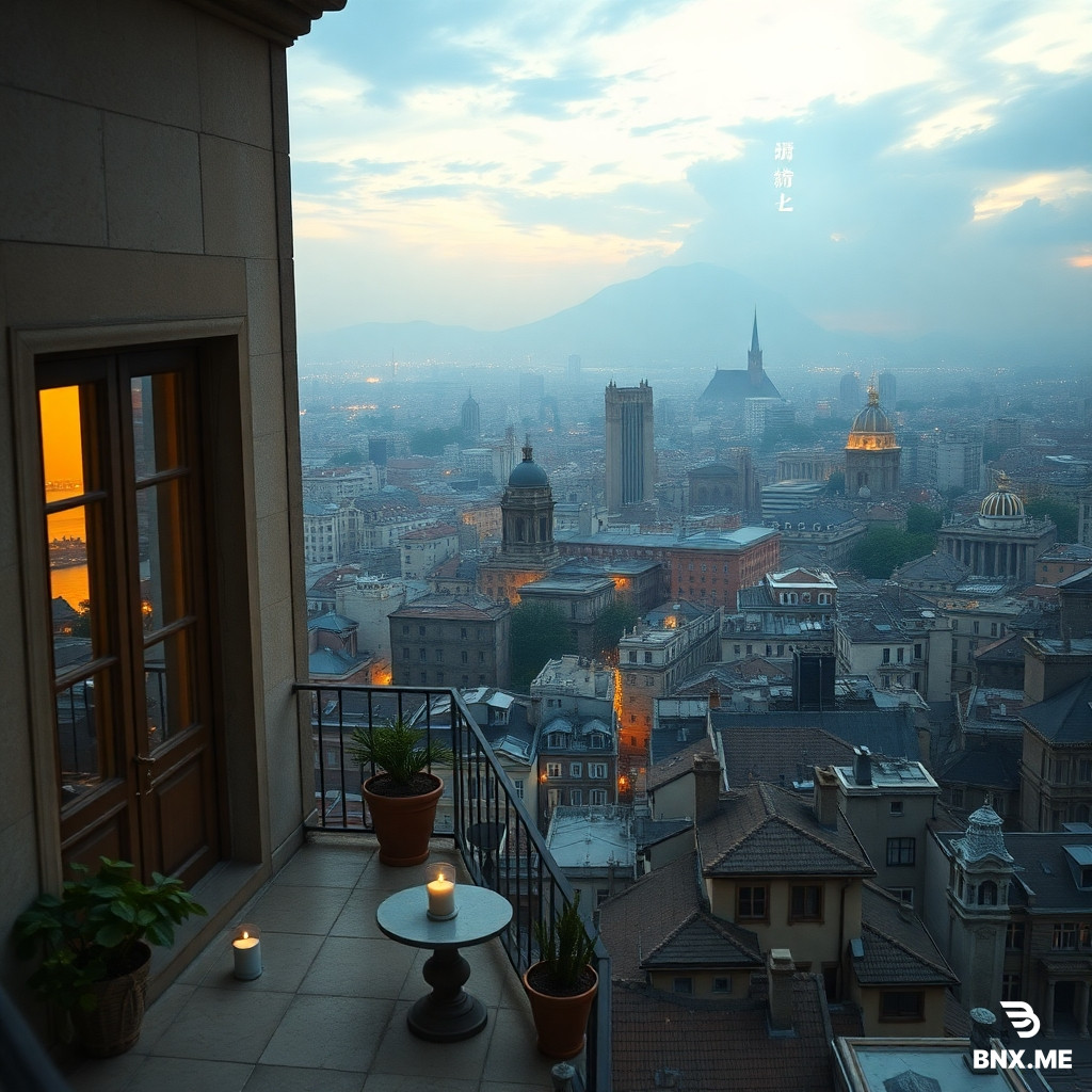 crea una escena de un balcon alto en la cima de una casa con vistas al centro de la ciudad de la dinastia tang en esa epoca