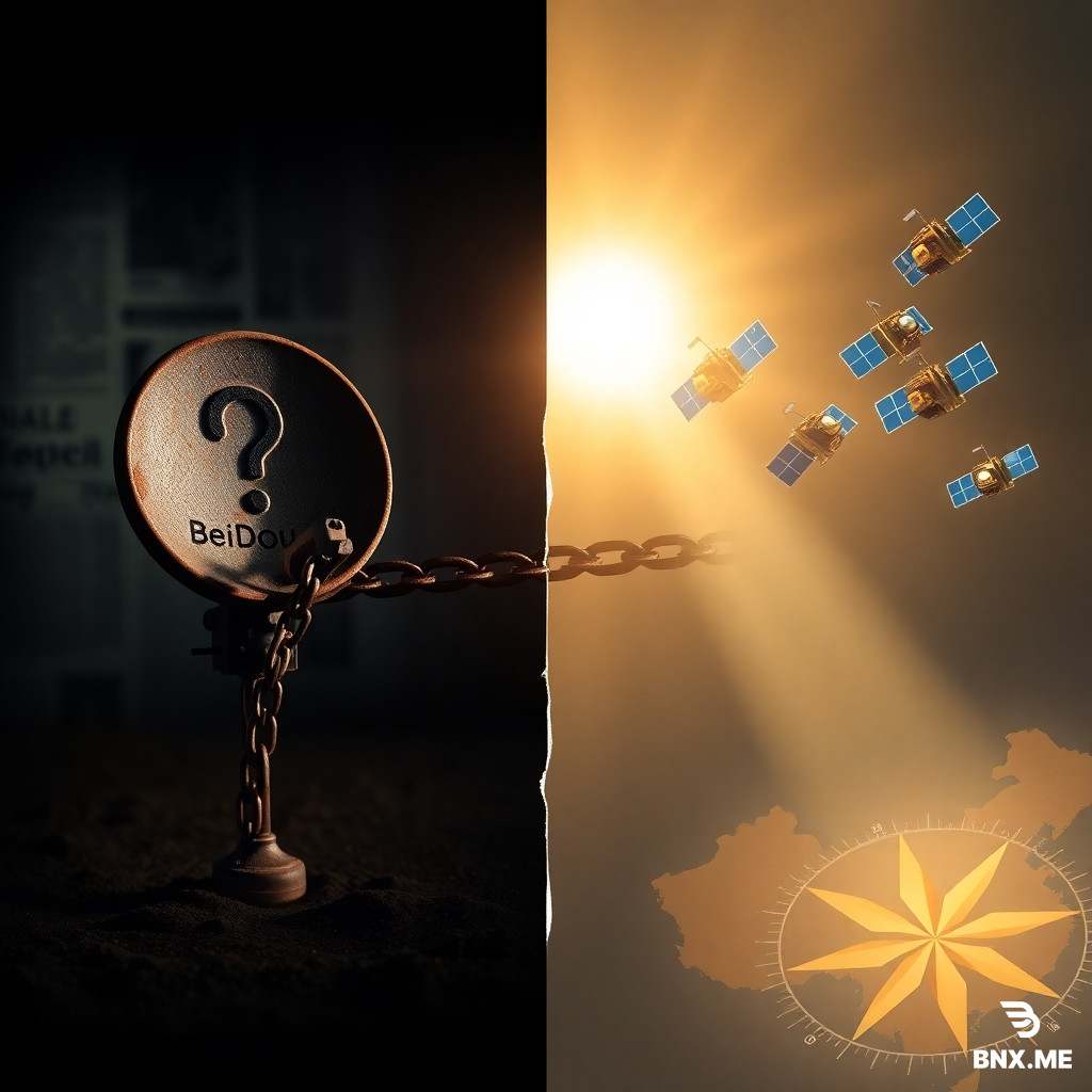 A symbolic two-part image, left side darker. Left: a rusty chain linking a broken GPS satellite dish to a question mark, background shows blurred newspaper headlines from the 1990s about navigation failures. Right side: bright and rising, multiple BeiDou satellites in gold and blue orbits over a map of China, a glowing compass pointing true north. In the middle, the chain cracks and dissolves into light. Dramatic lighting, cinematic wide shot, photorealistic style with slight metaphor. 4k.