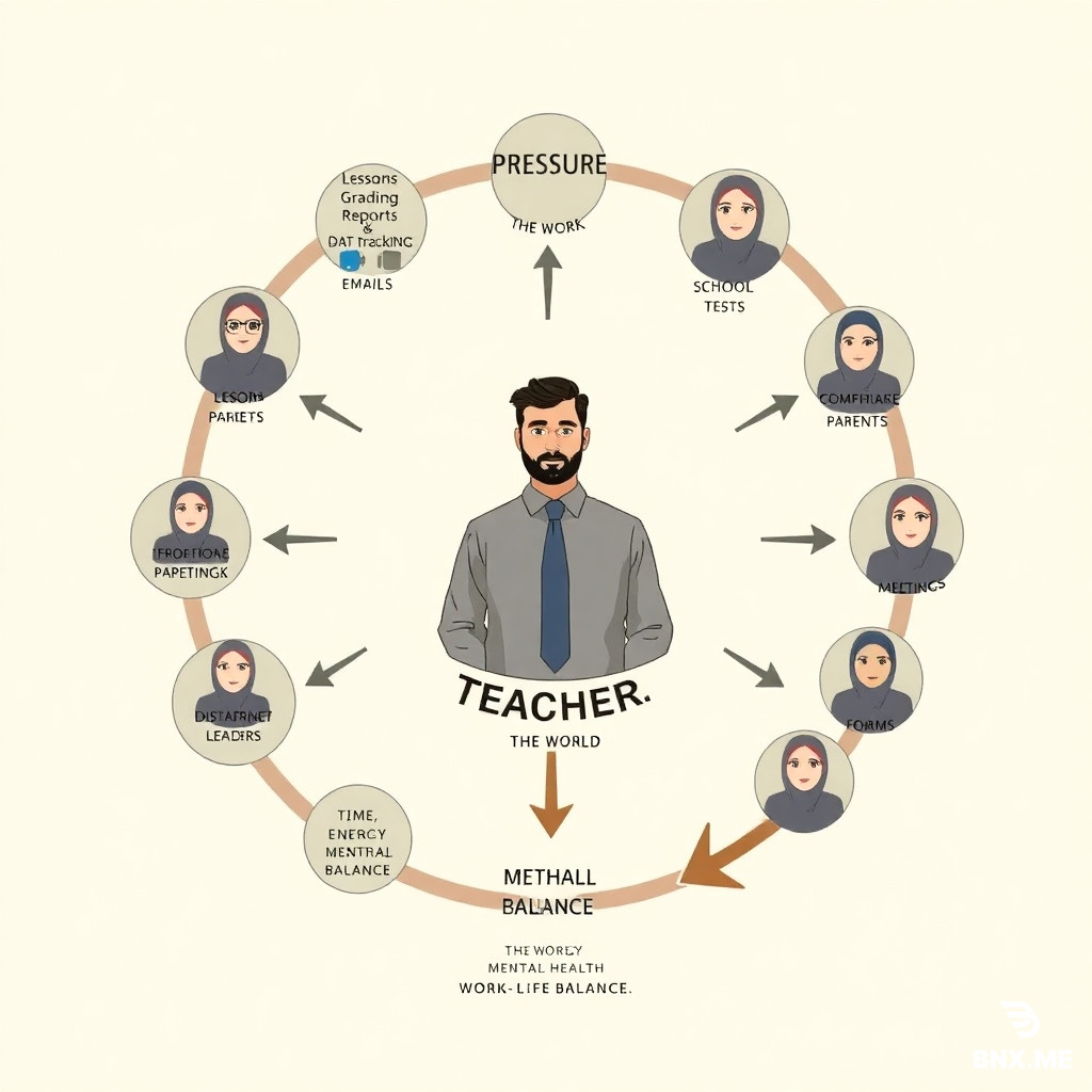 A diagram showing a male teacher in the center, surrounded by circles and arrows representing pressure from school administration, district leaders, school board, society, and the education system. All female characters (mothers of students, female administrators, female school board members, etc.) are wearing hijab. The teacher is surrounded by words like: "Lessons, Grading, Reports, Data Tracking, Behavior, Emails, Standardized Tests, Paperwork, Meetings, Forms, Documentation, Compliance." Outer circles contain text such as: "THE WORLD, SOCIETY, PARENTS, SCHOOL BOARD, DISTRICT LEADERS, SCHOOL ADMIN." An arrow pointing to the teacher is labeled: "TIME, ENERGY, MENTAL HEALTH, WORK-LIFE BALANCE." The background is simple, colors are muted/calm, and all text is in English.