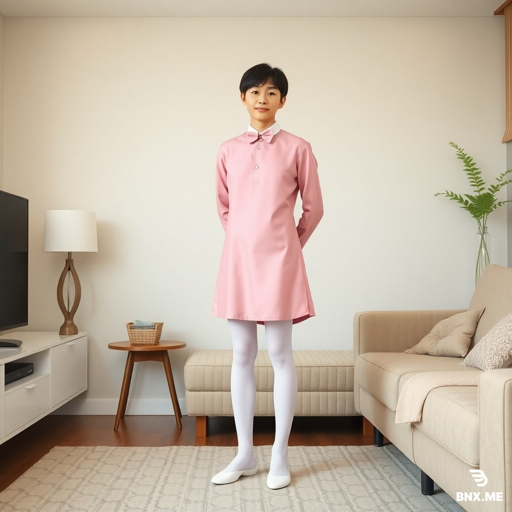 a full body & realistic photo of a japanese boy wear pink dress & white pantyhose standing in living room and pose for a woman . woman wear black elegant dress & black pantyhose