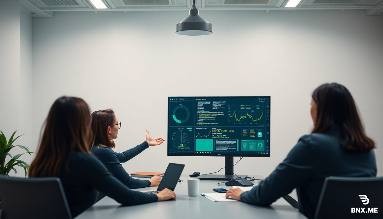 a female leader presenting to her team using a dual monitor setup to multitask in a stylish startup workspace, clean neutral overhead office lighting, green and grey professional palette, half-body framing with neutral background, photorealistic render, crisp fine detail, editorial photography style