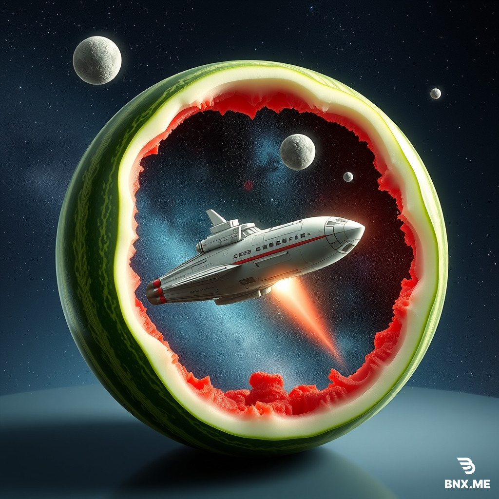 A watermelon containing a spaceship that travels through the galaxy