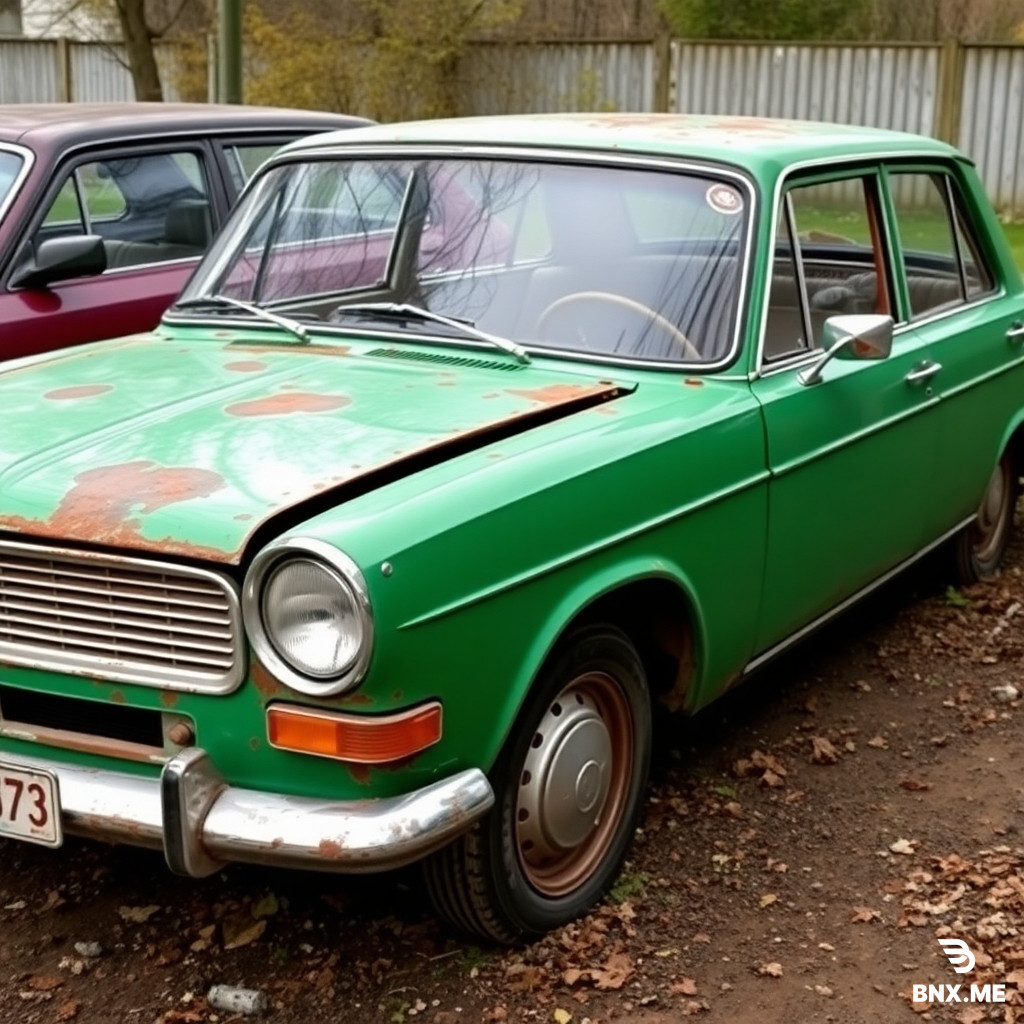 Generate a green VAZ 2101 car with rusty parts of the body.