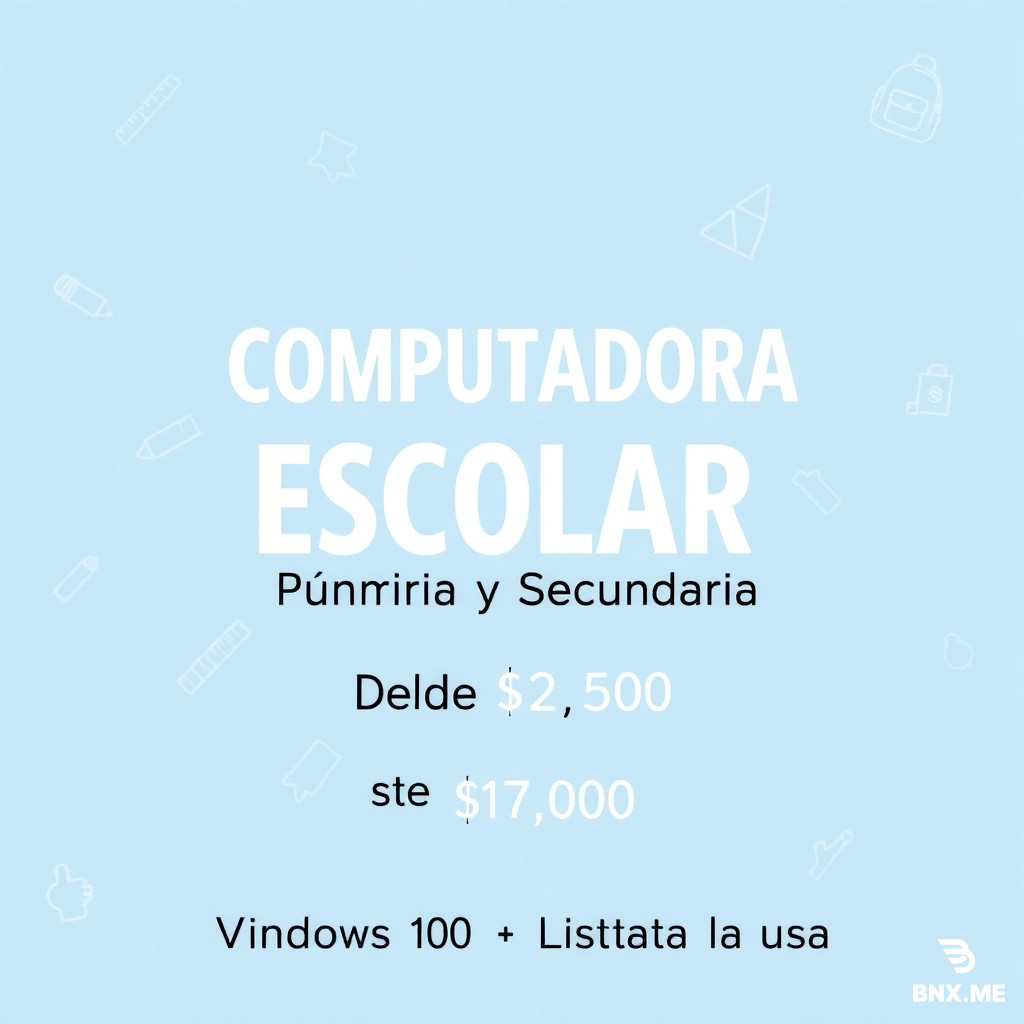 A clean, bright poster for Facebook Marketplace. Light blue gradient background with simple school doodles (pencil, ruler, backpack). Main large text centered: "COMPUTADORA ESCOLAR". Subtitle below: "Primaria y Secundaria". Small text at bottom: "Desde $2,500 • Windows 10 • Office • Lista para usar". Friendly, trustworthy style for parents. Vertical format 9:16. Text must be in Spanish exactly as written.