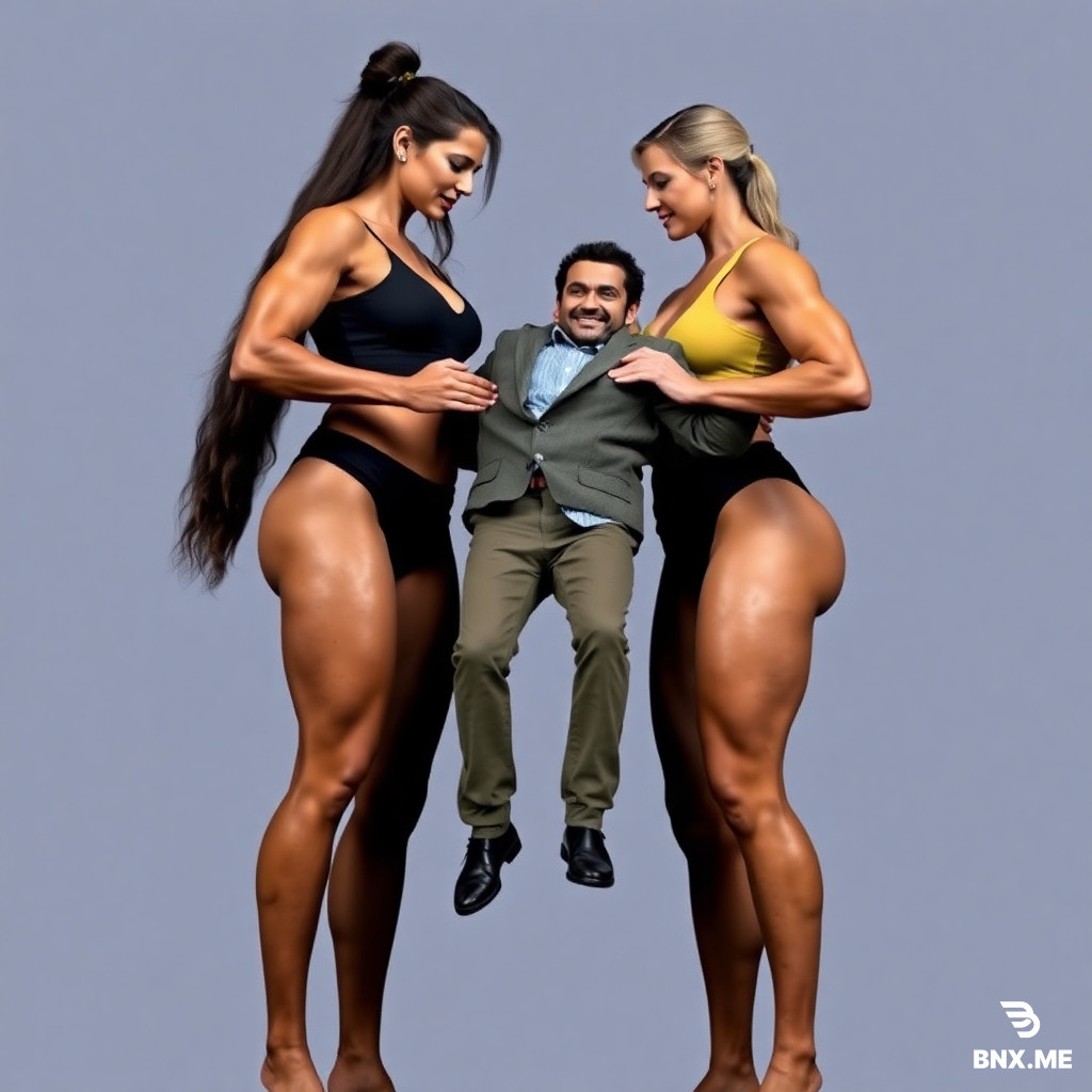 Long Prompt — تسلّمه لصديقتها بكل سهولة  Copy: Two towering, strong women stand side by side as the first one lifts the man effortlessly and passes him into the arms of her equally powerful friend. Their movements are smooth, coordinated, and show absolute mastery of strength. The transfer looks easy and controlled, as if the man weighs nothing.