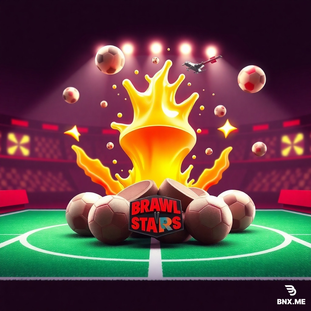 3D обложка для YouTube, стиль Brawl Stars. В центре взрывается золотой сундук, из него летят кубки и алмазы. Вокруг кеды Adidas и футбольные мячи. Тёмный фон с силуэтом геймера. Яркий оранжево-синий свет. Динамичный ракурс снизу. Без надписей. (Запрещено:текст,буквы,цифры,логотипы,водяных знаки)