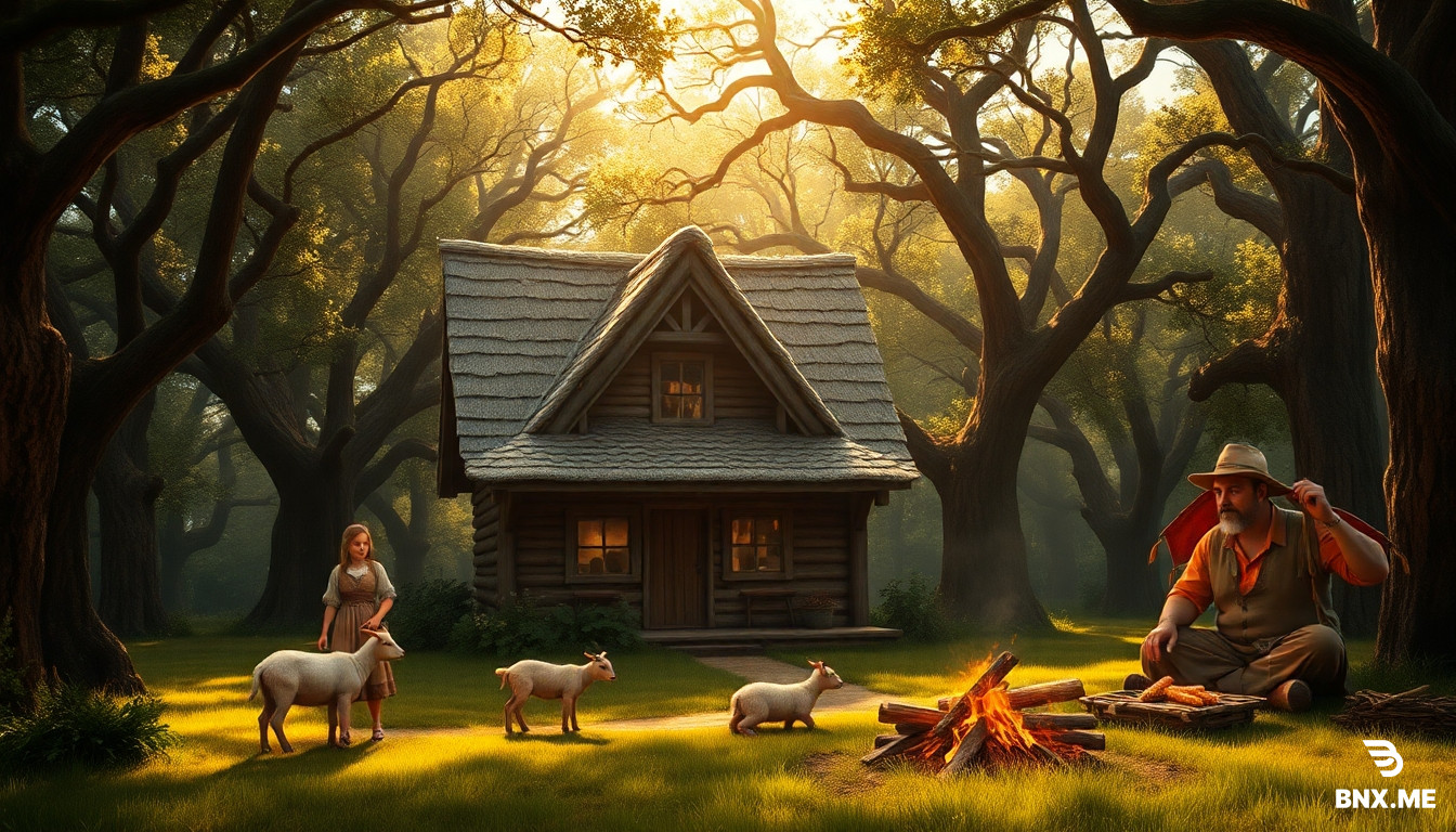 "A dense oak forest, an old wooden cottage with a thatched roof in the middle, a woman in a rustic dress milking a goat near the cottage, a little girl playing with a baby goat on the grass, a man sitting by a campfire roasting corn over an open flame, warm and peaceful atmosphere, sunlight filtering through the tree branches, detailed natural scenery, realistic style, warm tones, soft lighting, cinematic composition."