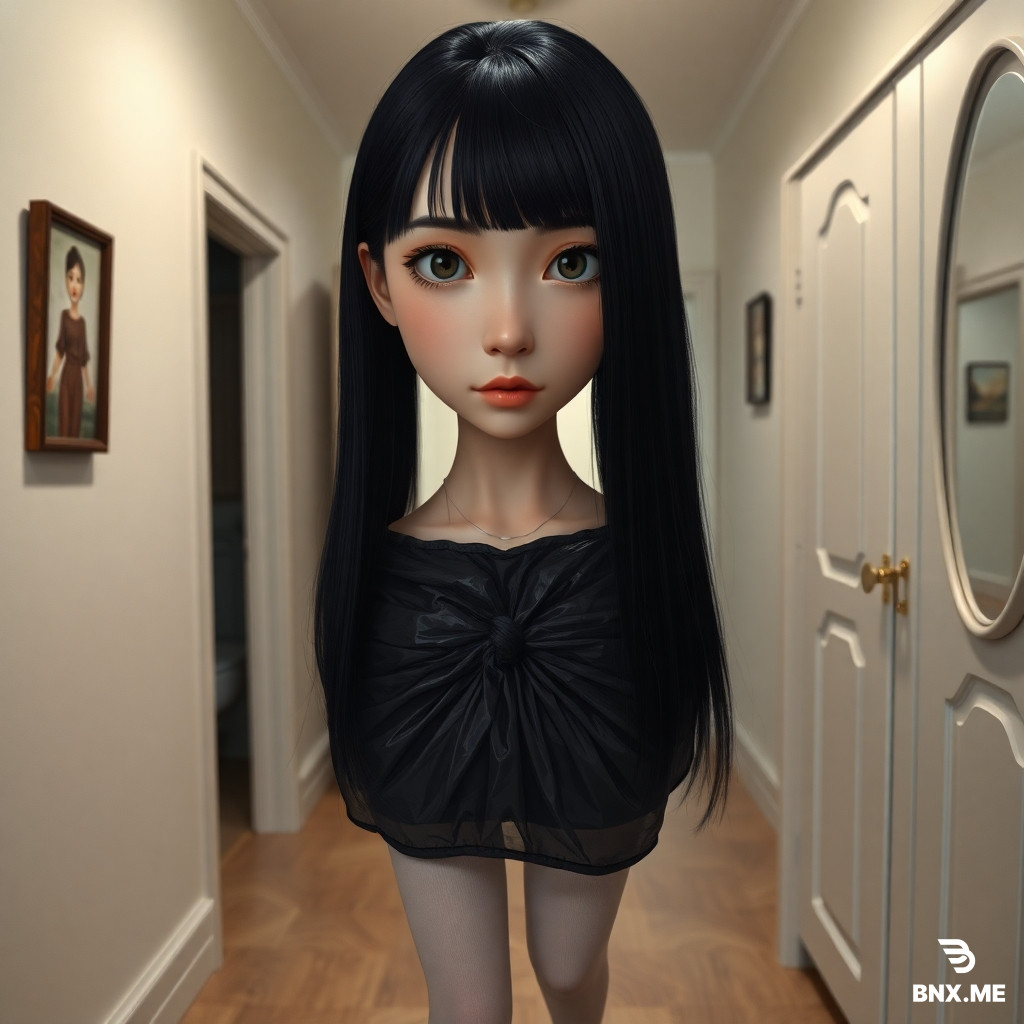 Photorealistic full-body shot of a thin white European woman, 30 years old, with **long straight black hair** (waist-length). Her face is realistic, not anime, not cartoon, not illustrated. Sharp, clear facial features: straight nose, round eyes with visible crease (no epicanthic fold), fair skin, natural skin texture, no makeup. Completely blank, emotionless expression. She stands still in an ordinary home hallway, facing the camera directly. She wears simple socks and a dress made of black trash bags: thin, wrinkled, knotted plastic, hanging loosely. On the right side: a white wardrobe with a mirror on the door — her reflection visible. On the left side: an open doorway to another room. Behind her on the wall: a small painting. At the far end of the hallway: another passage. Old laminate floor, cheap overhead ceiling light, unflattering. Static pose, no motion, sharp focus on face, high resolution, 9:16 vertical.