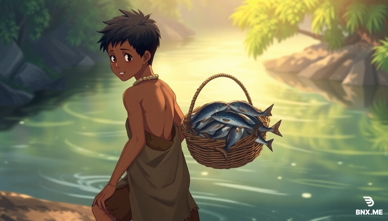 a tribe boy who put skin hide on lower body , back round stone neckless on hand also, body skin light black like Nigerian people, short black hair, pulled basket filled with big fish , BG river side area .