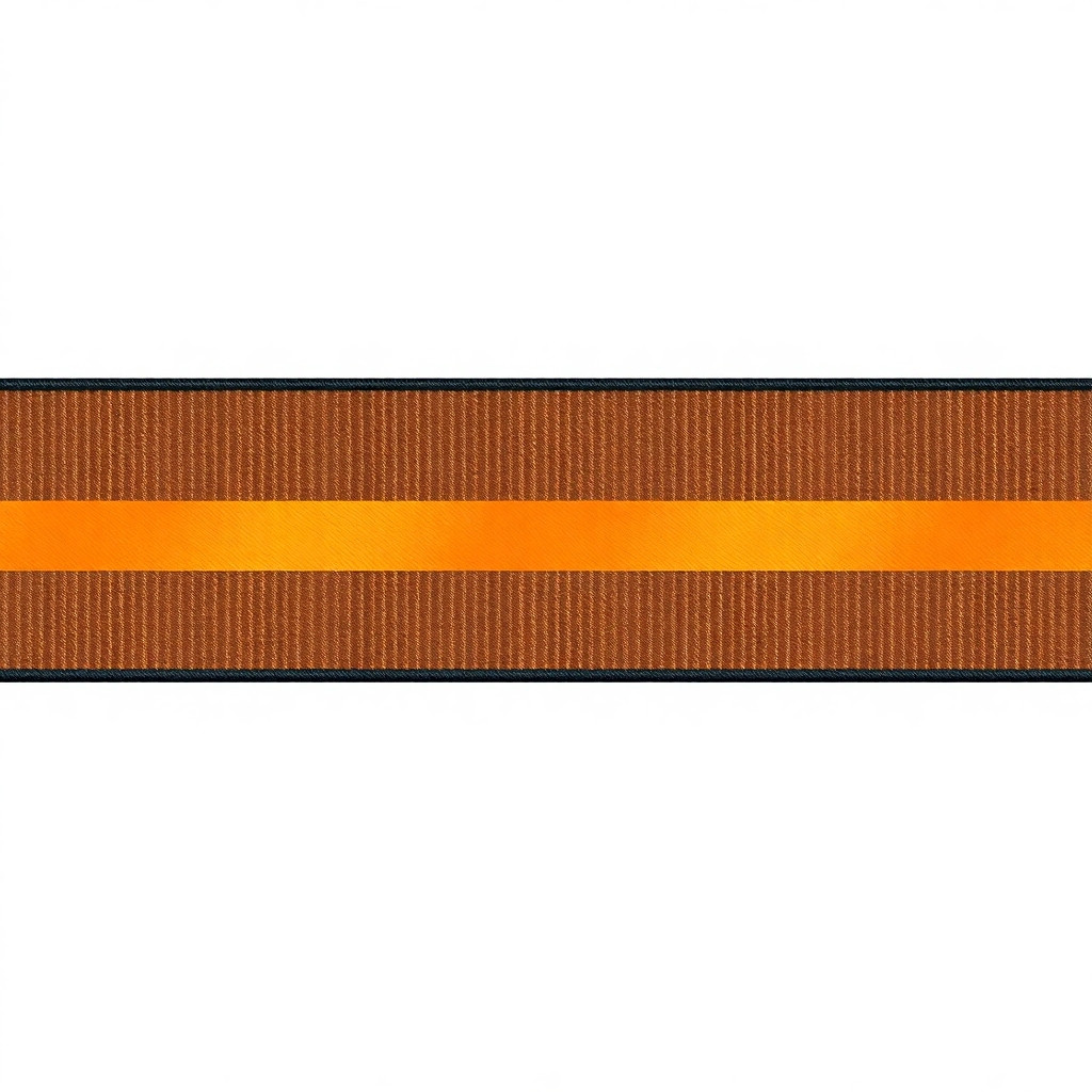 St George ribbon, horizontal orientation, rectangular shape, aspect ratio very wide (like 1380x10 px), featuring exactly 7 longitudinal stripes: 4 orange stripes and 3 black stripes. The order from top to bottom or left to right should be: black, orange, black, orange, black, orange, black. Texture and material: made of shiny satin moire fabric, typical for military ribbons. Visible diagonal weave, ribbed texture, metallic sheen on the orange stripes, matte deep black stripes. High resolution, sharp edges, transparent background (PNG), flat vector style mixed with realistic fabric rendering. Isolated on white.