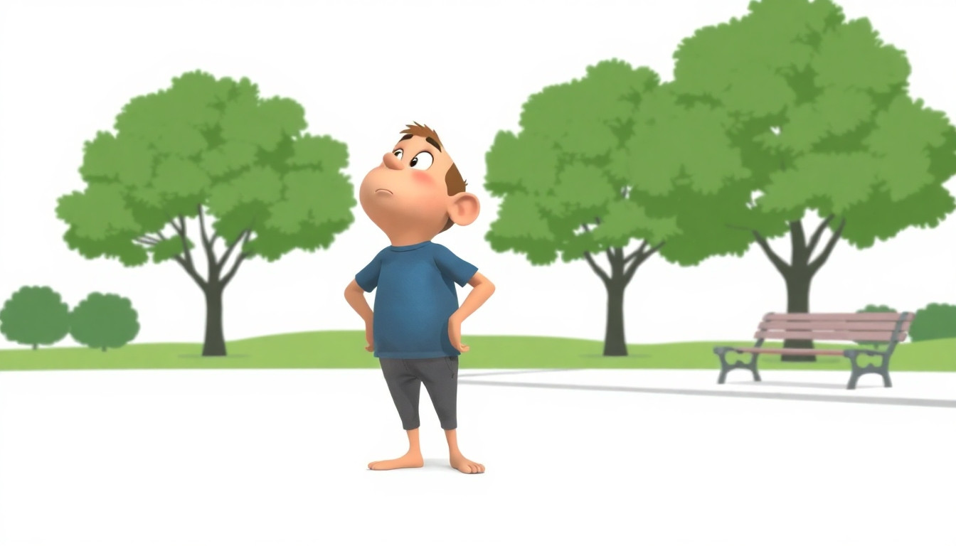 Indicación: Fotograma de animación plana 2D de un monigote, fondo blanco, 16:9 horizontal. Un monigote con expresión neutral está de pie en un parque, mirando hacia arriba. Tiene los brazos a los lados y la cabeza ligeramente inclinada hacia arriba. El monigote viste una camiseta azul sencilla y pantalones grises. No hay texto en el fotograma. El fondo muestra algunos árboles simplificados de color verde oscuro y un banco en la esquina izquierda. La escena transmite una sensación de observación simple. El monigote está en el centro del encuadre, con la cabeza girada hacia el extremo derecho donde se insinúa la presencia de un pájaro, aunque este aún no es visible. Contornos negros gruesos. Colores planos simples. Sin degradados. Sin sombras. Estilo educativo de dibujos animados. Todos los textos que aparezcan en las imágenes deben estar redactados en español.