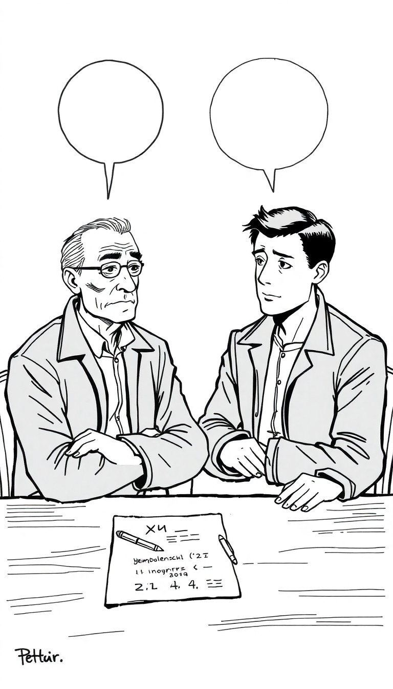 European ligne claire comic, black and white ink drawing. Two men sitting at a wooden table facing each other. On the table: a document with visible text "КОРПОРАТИВНЫЙ ДОГОВОР" and "г. Смоленск 11 ноября 2024 г." and a pen. Left: elderly man (Sidorov, 74, thin, wrinkled face, gray combed hair, dark jacket). Right: young man (Petrov, 24, short dark hair, serious expression, dark jacket). Both with neutral poses. Above each head, an empty speech bubble (white circle with black outline, no text). No other people. Background plain. Clean line art, no shading.