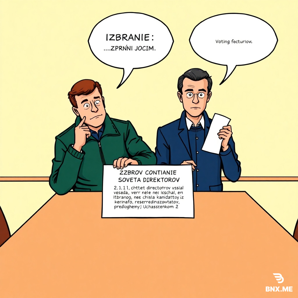 Colorful european comic book style, ligne claire, clear black ink outlines, flat colors. Meeting room with wooden table and a white card "IZBRANIE SOVETA DIREKTOROV". Petrov (dark green jacket) pointing to contract clause: "2.1.1. ... chtoby Sovet direktorov vsegda vkljuchal ne menee 1 chlena, izbrannogo iz chisla kandidatov, predlozhennyh Uchastnikom 2." Sidorov (dark blue jacket) holding a white voting ballot. Empty white speech bubbles above both heads, completely empty. Background light yellow.