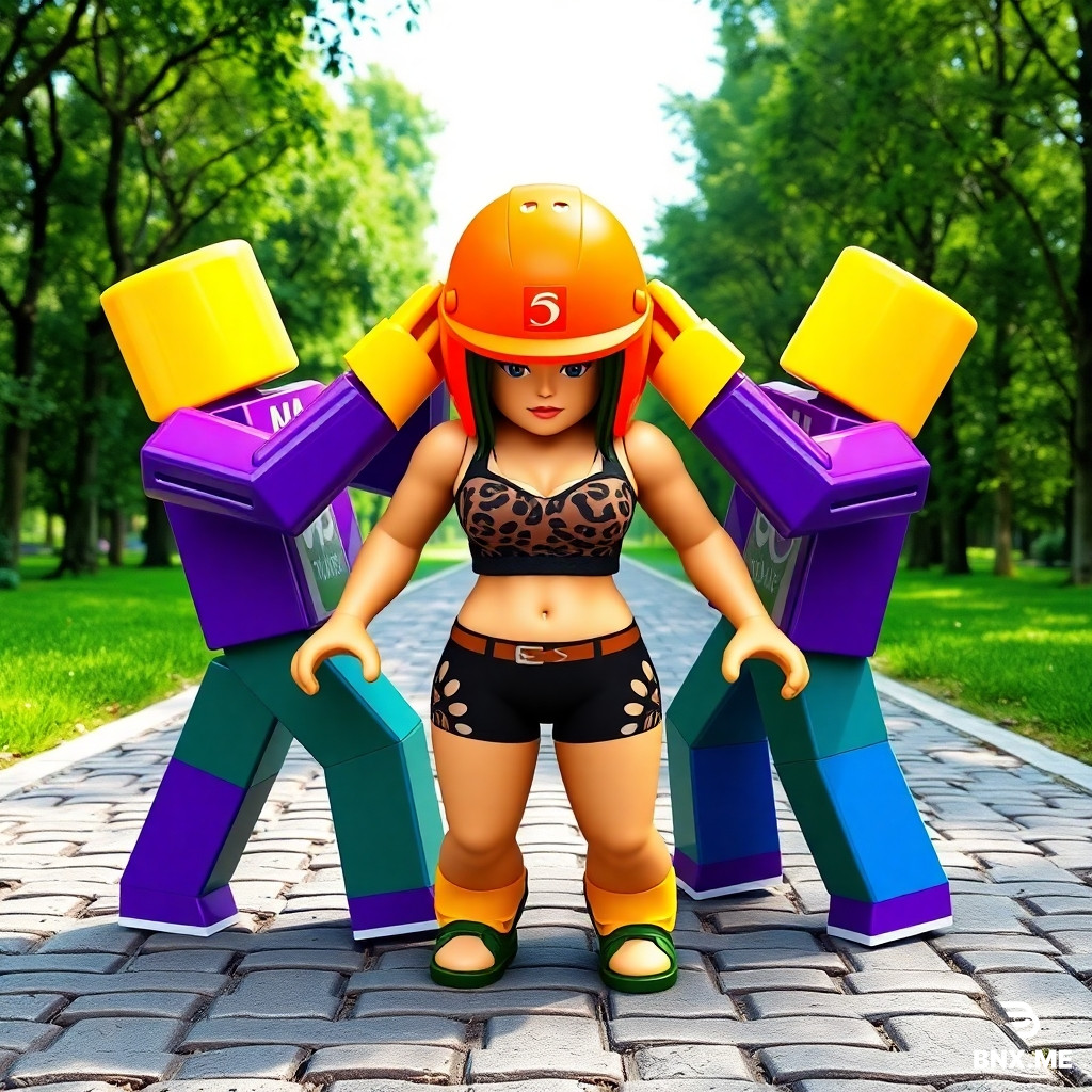 Three Roblox blocky avatars in a hilarious and awkward ragdoll sandwich pose on a paved stone pathway. A female avatar in the center wearing black shorts with leopard print and an orange helmet, looking passive. The male avatar on the left (yellow head, purple torso, green legs) is leaning forward and grabbing the female avatar's head with his blocky yellow hands. The male avatar on the right (yellow head, purple torso, blue legs) is reaching down and grabbing the female avatar's buttocks with his blocky yellow hands. The three characters are heavily clipping and intersecting through each other, broken game physics, glitchy limbs, glossy plastic material, vivid game colors, bright outdoor sunlight, paved cobblestone ground, green forest background, Unreal Engine 5 render, 3D meme art, funny video game screenshot, highly detailed. --ar 2:3