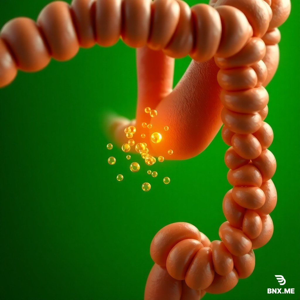 Microscopic-level 3D anatomical rendering of the small intestine absorbing components of coffee. Glowing golden nutrient particles enter the villi and pass into the bloodstream. The entire scene is set against an ultra-clean green background with crisp biological detail.