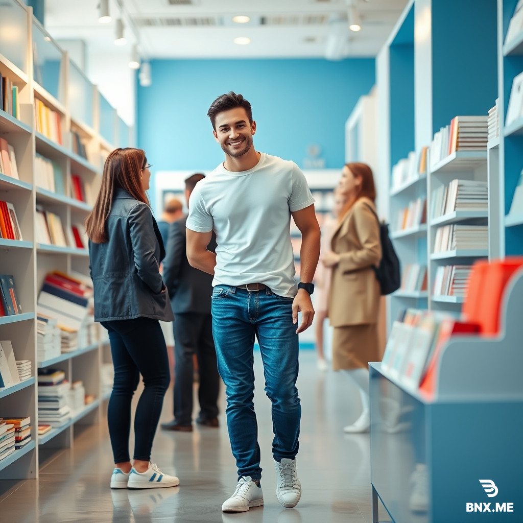 Wide shot of a professional male salesman (35 years old, athletic build, short black hair, wearing a white t-shirt, blue jeans, and white sneakers) calmly stepping into the frame between the customer and the manager. He has a confident but warm smile, gently placing his hand on the customer's shoulder. The background is a bright blue-and-white bookstore with neat stationery displays. Soft natural lighting, hopeful mood, photorealistic, 9:16. --ar 9:16