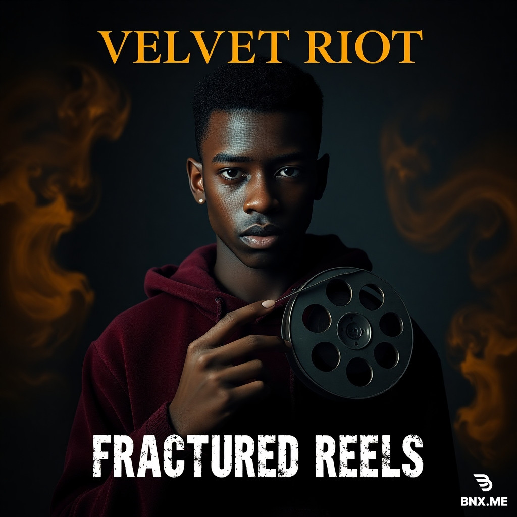 "Cinematic poster. A striking black teenager with dark skin, intense eyes, dramatic shadow on face, wearing a velvet burgundy hoodie. Standing in dim room with gold rim light. Holding a vintage film reel. Deep charcoal background. Gold smoke swirls. Moody, aesthetic, emotional. Text 'VELVET RIOT' in elegant gold serif font at top. Text 'FRACTURED REELS' in rough white grunge font underneath. 16:9 ratio. High detail, cinematic lighting, film grain." With no bnx me