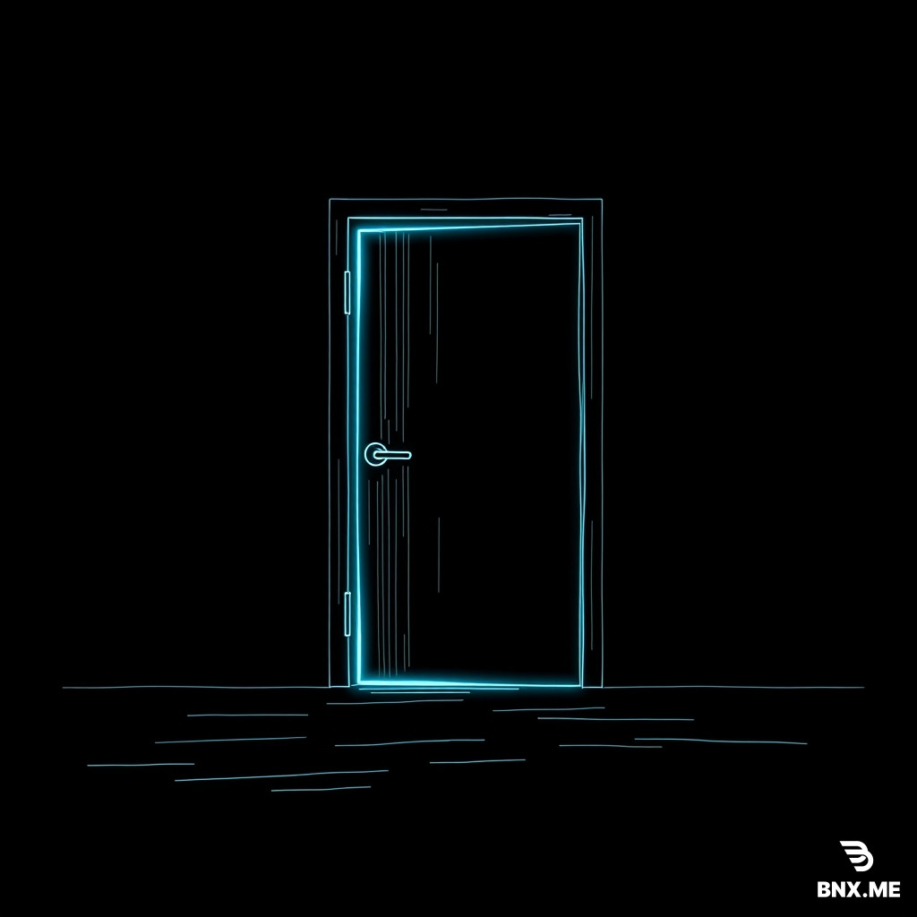 Minimalist high-contrast 2D vector line art on pure pitch-black background #000000, dark-mode doodle animation aesthetic. A single heavy steel door slightly ajar in the center of frame, thin electric-cyan light bleeding through the gap, faint volumetric dark haze drifting across the floor. Hand-drawn imperfect vector lines, rim-lit edges glowing cyan, ray-traced neon bloom. Ominous cinematic mood. 8K resolution, Octane Render style, razor-sharp vector edges, ultra-detailed line work, pitch-black #000000 background, volumetric haze, ray-traced neon bloom, rim lighting, dark-mode doodle vector aesthetic, --ar 9:16
