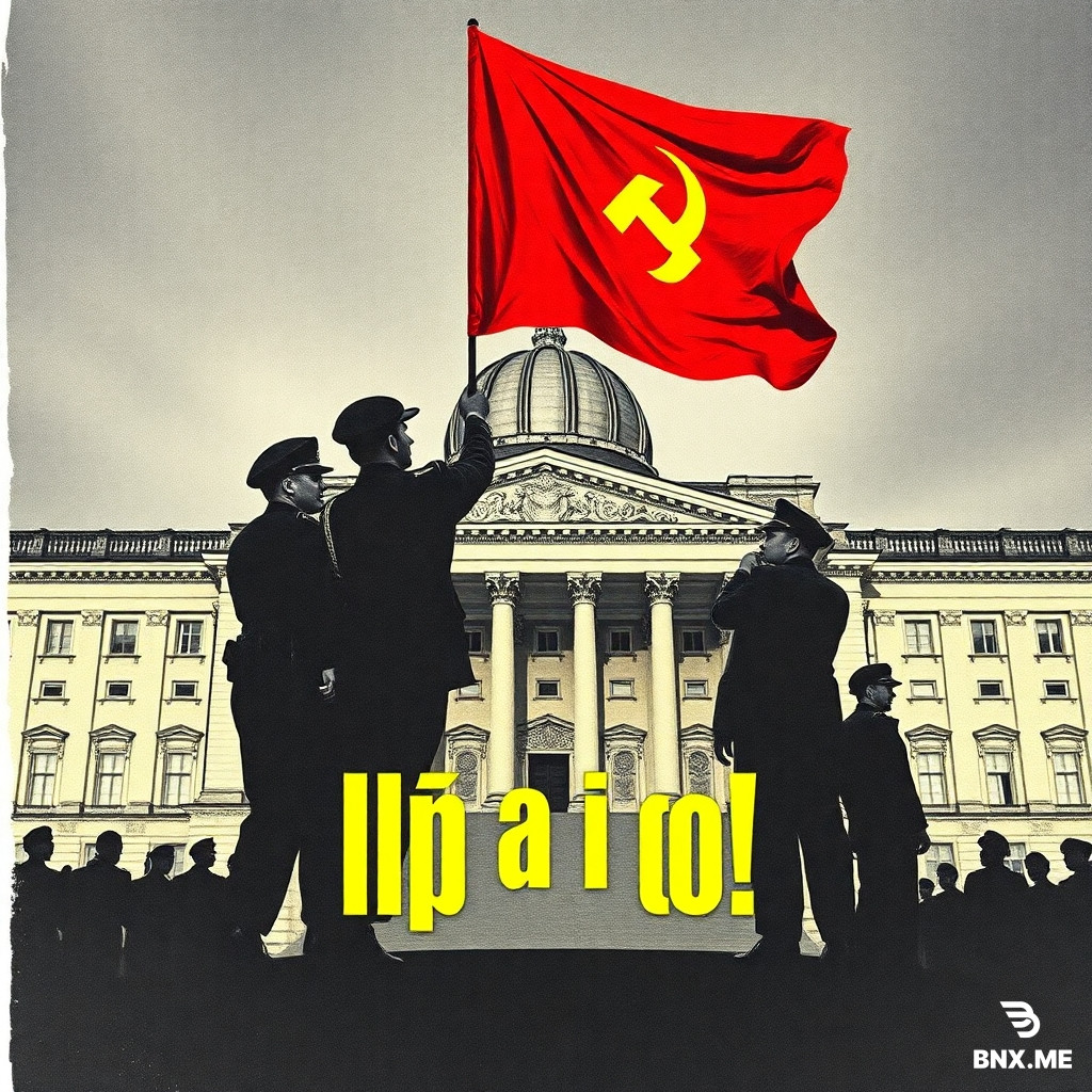 Victory Day greeting card in the style of the hip-hop group Wu-Tang Clan, 1990s. Soldiers of the Red Army in Soviet uniform raising a red flag on the dome of the Reichstag. Black and white image with yellow accents, grainy film texture, harsh contrast, noir atmosphere. Text in large yellow letters: "С ДНЁМ ПОБЕДЫ" (Victory Day) in the style of rap album covers.