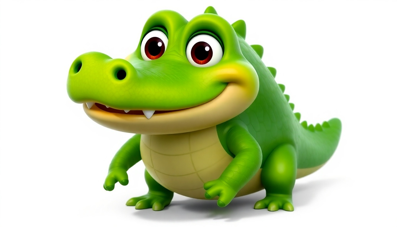 "3D animated character, a cute friendly crocodile with bright green scaly skin, a lighter green belly, big round eyes that cross slightly when excited, a wide happy smile with one tiny tooth sticking out, short stubby arms and legs, waddling pose, playful friendly expression, Pixar/Illumination style, bright greens and warm colors, soft volumetric lighting, high detail, 8k resolution, white background with soft shadow for transparency."