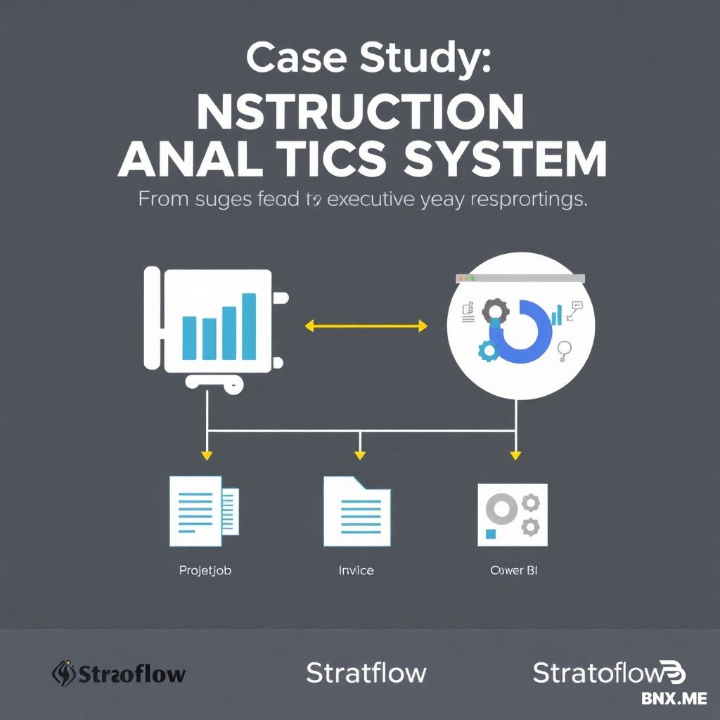 Big headline:  Case Study: Construction Analytics System  Subtext:  From scattered project data to executive-ready reporting.  Visual idea:  Show 3–4 messy data sources flowing into one clean dashboard.  Example visual elements:  Excel icon Project/job icon Invoice/billing icon Cost icon Power BI/dashboard icon  Footer:  Stratoflow | Data & Analytics