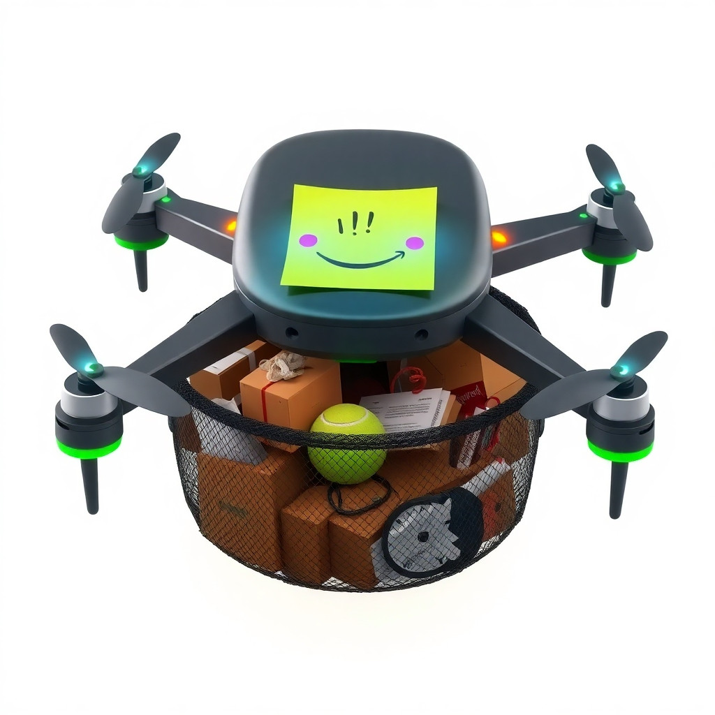 Concept art of a delivery drone modeled after an Amazon drone. Hexacopter design with dark gray body and neon green accents. The drone has a large, expandable mesh cargo pod underneath, overflowing with random junk: cardboard boxes, tangled wires, a tennis ball, crumpled papers, and an old toy. On top of the drone's main body is a bright yellow sticky note with a hand-drawn black smiley face :) . The drone has two glowing cyan LED eyes that look friendly, with small pink blush marks on the front. Rotor tips are bright orange. Soft green underglow lighting. Style: clean industrial design, slightly rounded edges, friendly sci-fi, 3D render look, white background, isometric angle, front-facing view. its for a roblox game