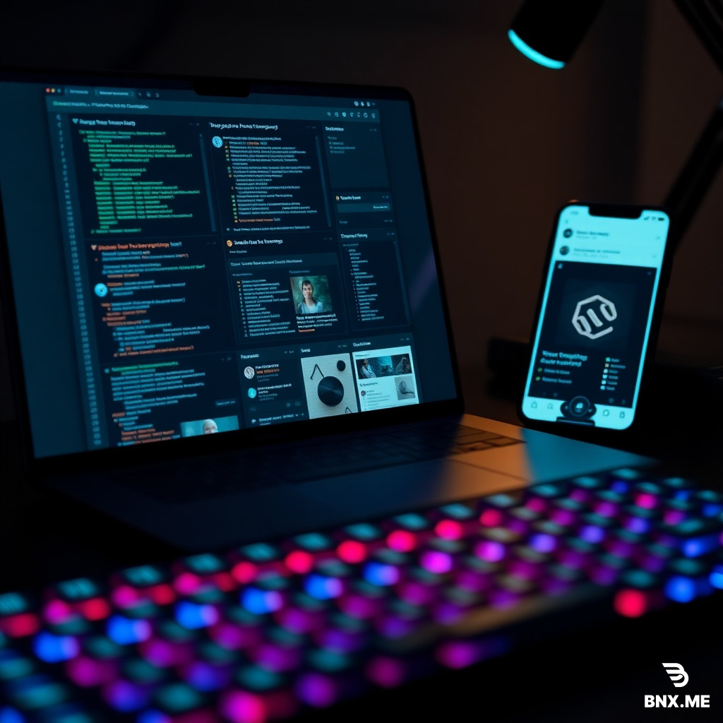 "Photorealistic product mockup of a digital shop selling social media templates. Tight close-up shot of a dark modern desk with glowing laptop and smartphone. Laptop screen fills most of the frame, showing a grid of Instagram post templates with code snippets, terminal windows, and UI elements in dark navy and neon green/cyan. Smartphone next to it showing a story template. Mechanical keyboard with RGB lighting blurred in the foreground. Shot on 85mm macro lens, shallow depth of field, cinematic lighting, 8K resolution, highly detailed."