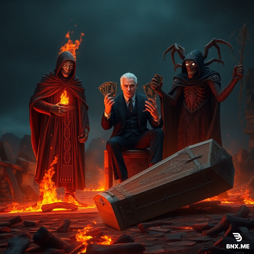 Epic dark fantasy scene from The Witcher universe, three powerful entities gathered on a ruined crossroads at night. Left: tall figure in smoldering cloak, iron mask, holding staff with glowing ember, standing in scorched earth, fiery cracks around him — this is the embodiment of the Eternal Fire, the divine force worshipped by the Church of the Eternal Fire in Novigrad. Right: eerie humanoid with spider head and lion-like mane, draped in black robe with silver web embroidery, holding a web staff, eight glowing blue eyes — this is Coram Agh Tera, the Lionhead Spider, a cruel dark deity from the Witcher world who demands bloody sacrifices from his followers. Center: a smug man in an elegant dark blue suit with golden eyes and a slight, knowing smile, sitting casually on an overturned ornate coffin, holding a deck of glowing arcane tarot cards, cards floating in the air — this is the Laughing Lord, one of the embodiments of Chaos itself and the Supreme Arbiter of the Game from the book series "Игра Хаоса" by Alexey Svadkovsky. He is the source of power for all players, the one who has been orchestrating the Game for thousands of years, bringing death and devastation to hundreds of worlds, and he possesses absolute power over its rules. Background: burnt remains of a tavern, dark forest with twisted branches, ravens, faint figures of a priestess and a cultist. Atmosphere: oppressive, blue and orange lighting, spider webs glistening with frost, sparks flying, high detail, cinematic lighting, oil painting style, dark fantasy, gothic.