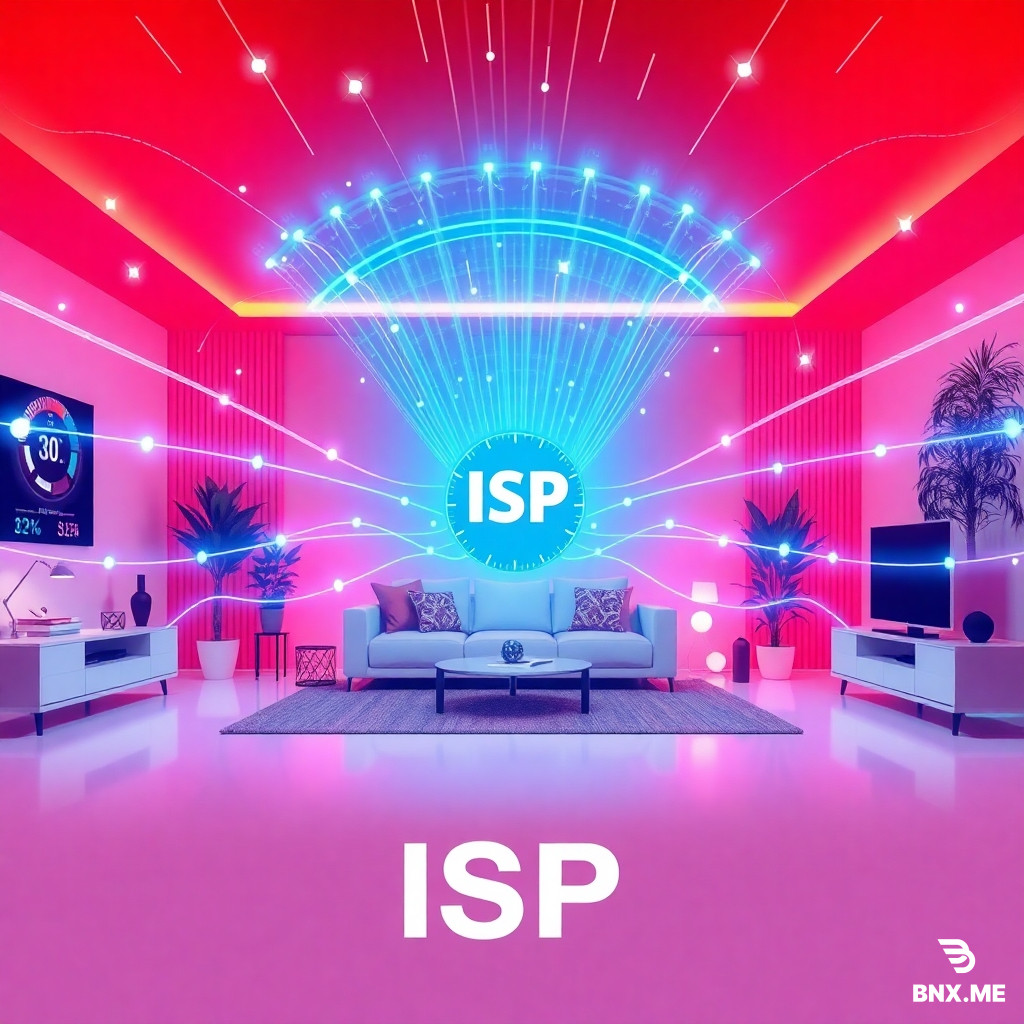 Professional ISP internet service advertisement, fast and reliable broadband connection concept, modern family home or office space with glowing Wi-Fi signals and fiber optic data streams flowing through the scene, speed meters and connection nodes radiating outward, color palette: deep red and vibrant blue gradients representing power and speed, clean white background with futuristic tech accents, minimal text space at bottom for slogan and logo, high resolution, 4k, commercial advertising style, bright and inviting atmosphere, trust and speed emphasized through visual flow