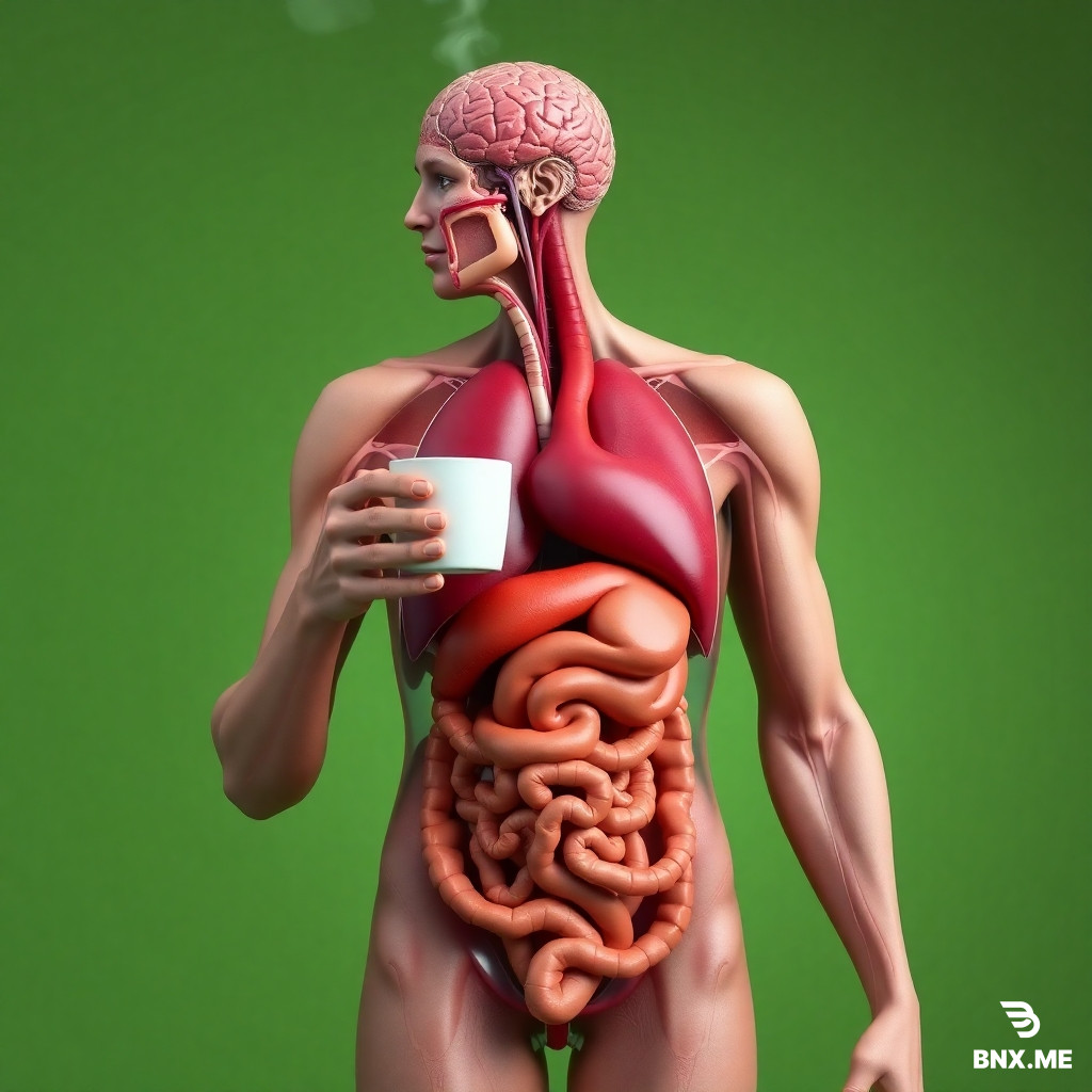 A hyper-realistic 3D cinematic anatomical illustration of a human figure standing against a pure, solid green background. The body has natural external skin, but the entire internal system — brain, lungs, heart, stomach, liver, and intestines — is fully exposed in surreal, medical-style detail. The person is holding a steaming cup of coffee near the lips, as if about to drink. Organs shimmer with natural gloss, precise anatomical textures, and subtle volumetric lighting.