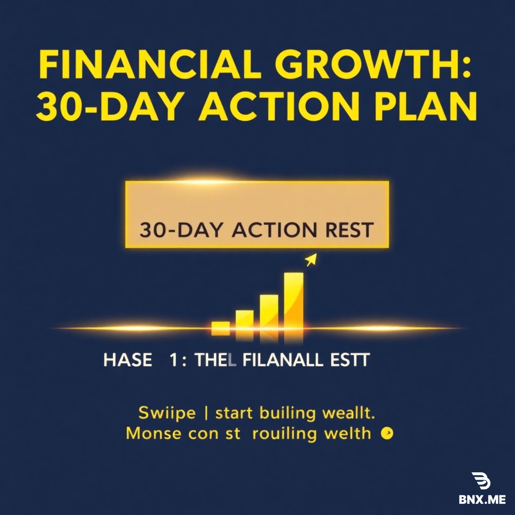 An Instagram carousel cover slide in a sleek, professional aesthetic with a deep midnight blue background and gold glowing accents. Massive, bold text at the top: 'FINANCIAL GROWTH: 30-DAY ACTION PLAN'. Beneath it, a secondary, clean box reads: 'PHASE 1: THE FINANCIAL RESET'. In the foreground, a stylized vector illustration of a growing graph bar transforming into a gold coin. At the very bottom, a gold arrow pointing right with the text: 'Swipe to start building wealth ➔'. High-contrast, clean, and authoritative money-growth aesthetic."