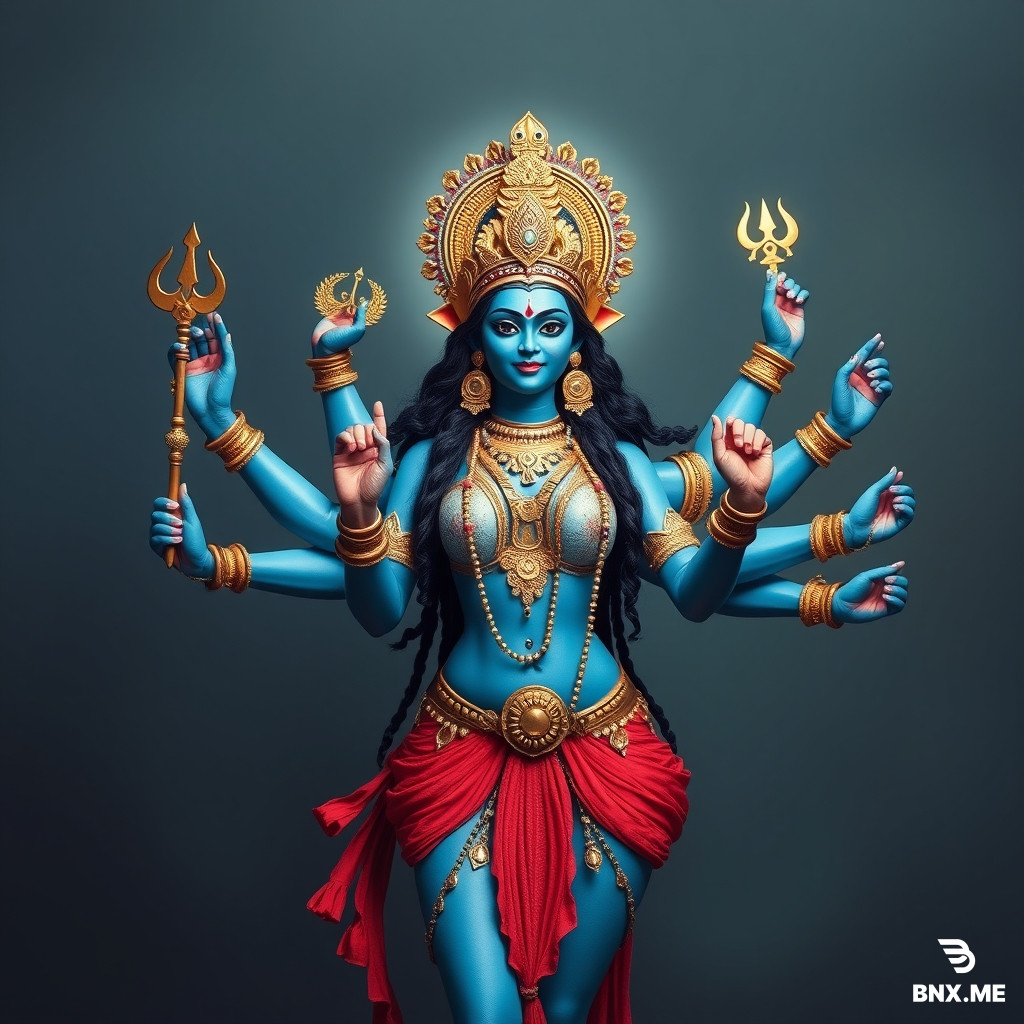 Bikini hindu goddess durga blue skin six arms holding hindu ornaments