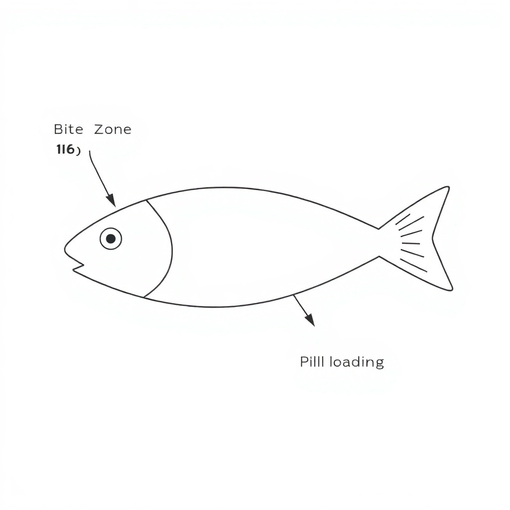 clean patent drawing, line art, no shading, black and white. A simple fish-shaped device. The body is an oval. The head is a rounded triangle on the left, the tail is a pointed triangle on the right. An eye on the head. An arrow points to the head labeled "Bite Zone (16)". An arrow points to the tail labeled "Pill Loading (14)". White background.