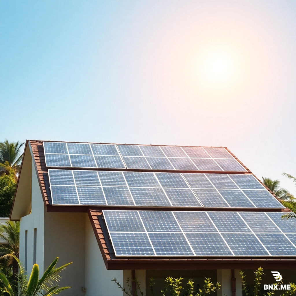A bright, sunlit modern home in Hyderabad, India, with high-efficiency solar panels prominently covering the rooftop. The sun is positioned in the upper corner, casting warm golden rays directly onto the panels. The home looks eco-friendly and well-maintained, with a clear blue sky and soft green surroundings. No technicians in foreground — focus is entirely on the house, solar panels, and sunlight. Ultra-realistic, cinematic, clean, inspiring, wide angle (16:9). No text, no logos, no artificial energy symbols or waves