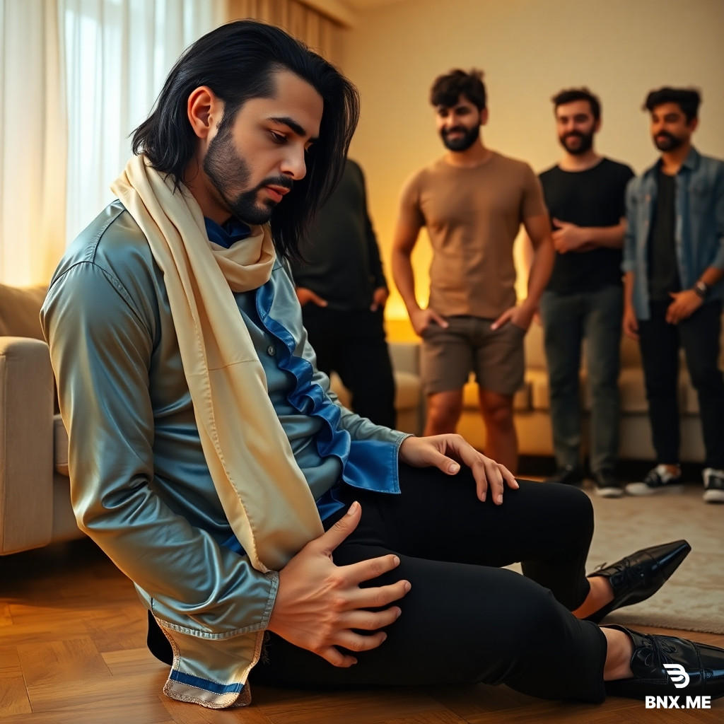 A 30-year-old Persian man (Sam) with pale white skin, a cream-colored silk scarf completely covering his long black hair, tied securely under his chin, wearing a shiny bright blue satin shirt (two top buttons open), glossy bright red lipstick, tight black pants, shiny black pointed shoes. He is kneeling on the floor in a modern living room, leaning forward, performing oral sex on a 20-year-old Persian man (Amir) who is standing in front of him, pants down. The camera angle is from the side, showing Sam's face and posture, with Amir's body blocking any explicit view. Two other young men (19 and 18) are standing nearby, watching and laughing. The room has a sofa and warm lighting. Photorealistic, cinematic, 8k